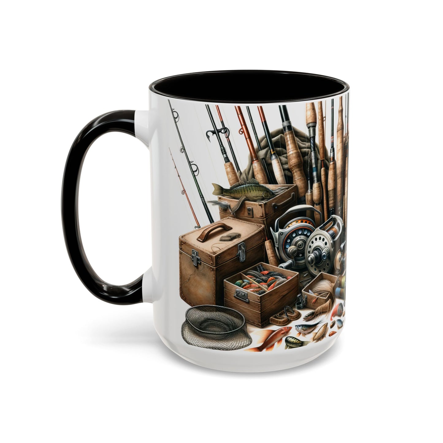 Fishing Rods, Reels, Lures & Tackle Box Colorful Mugs Sizes are 11oz or 15oz
