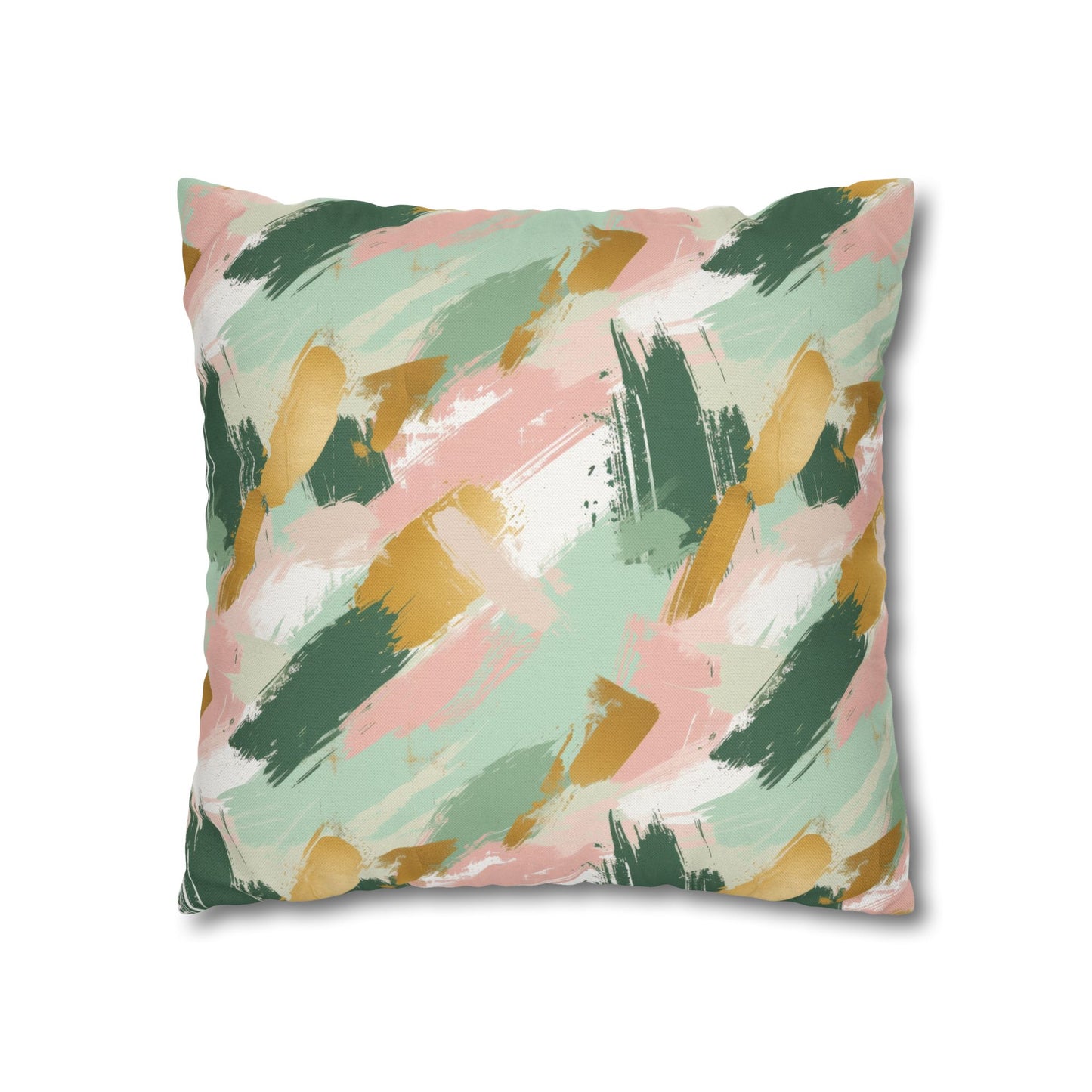 Spring Brushstrokes Abstract in Light Green, Pink, and Gold Spun Polyester Square Pillowcase 4 Sizes