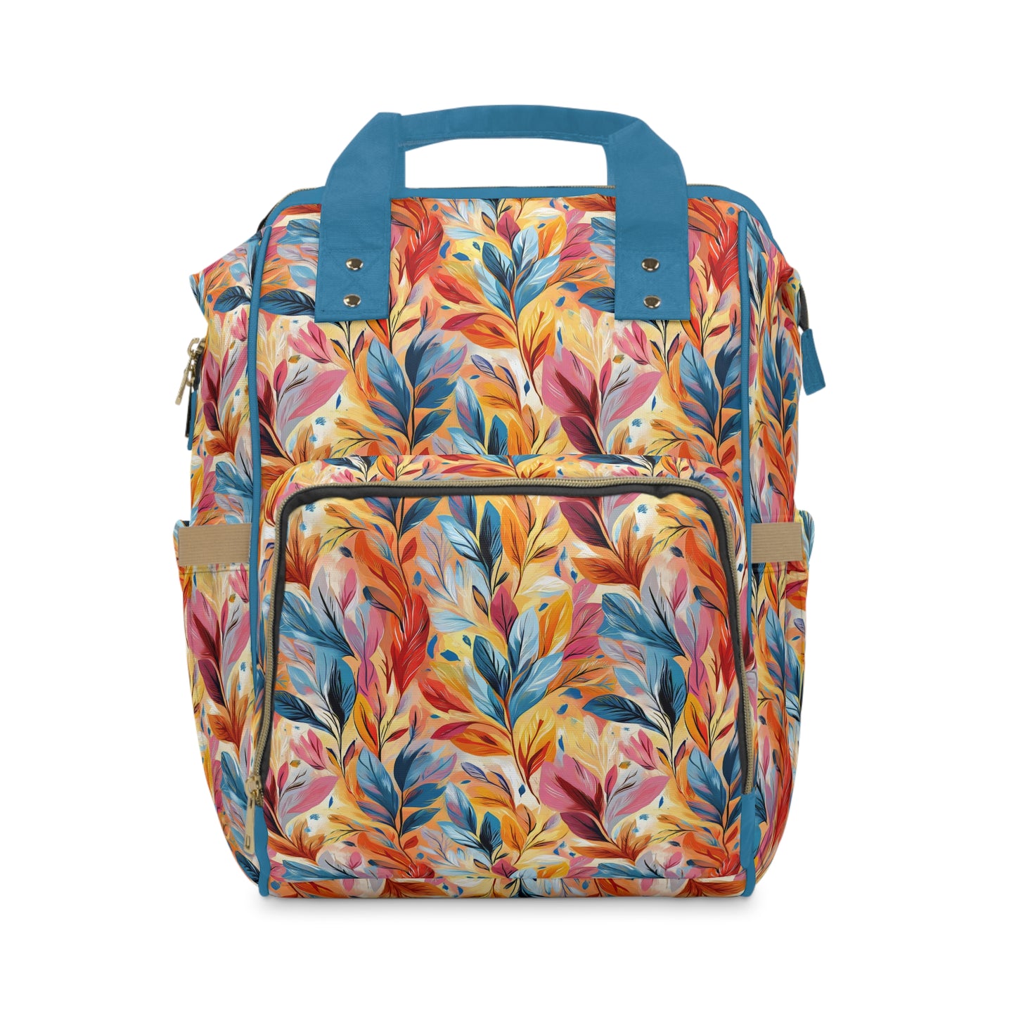 Vibrant Autumn Feathers in Hues of Orange, Yellow, Blue, and Pink on a Textured Background Multifunctional Diaper Backpack