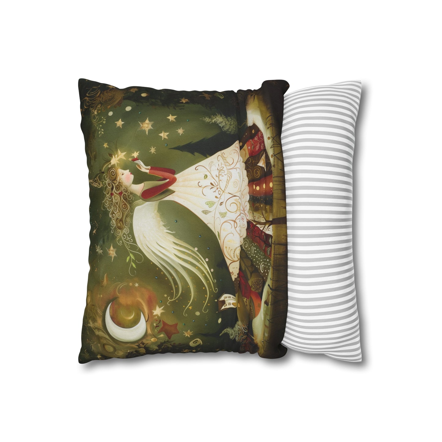 Christmas Angel in Tapestry Dress Amidst a Starlit Forest Spun Polyester Square Pillowcase 4 Sizes