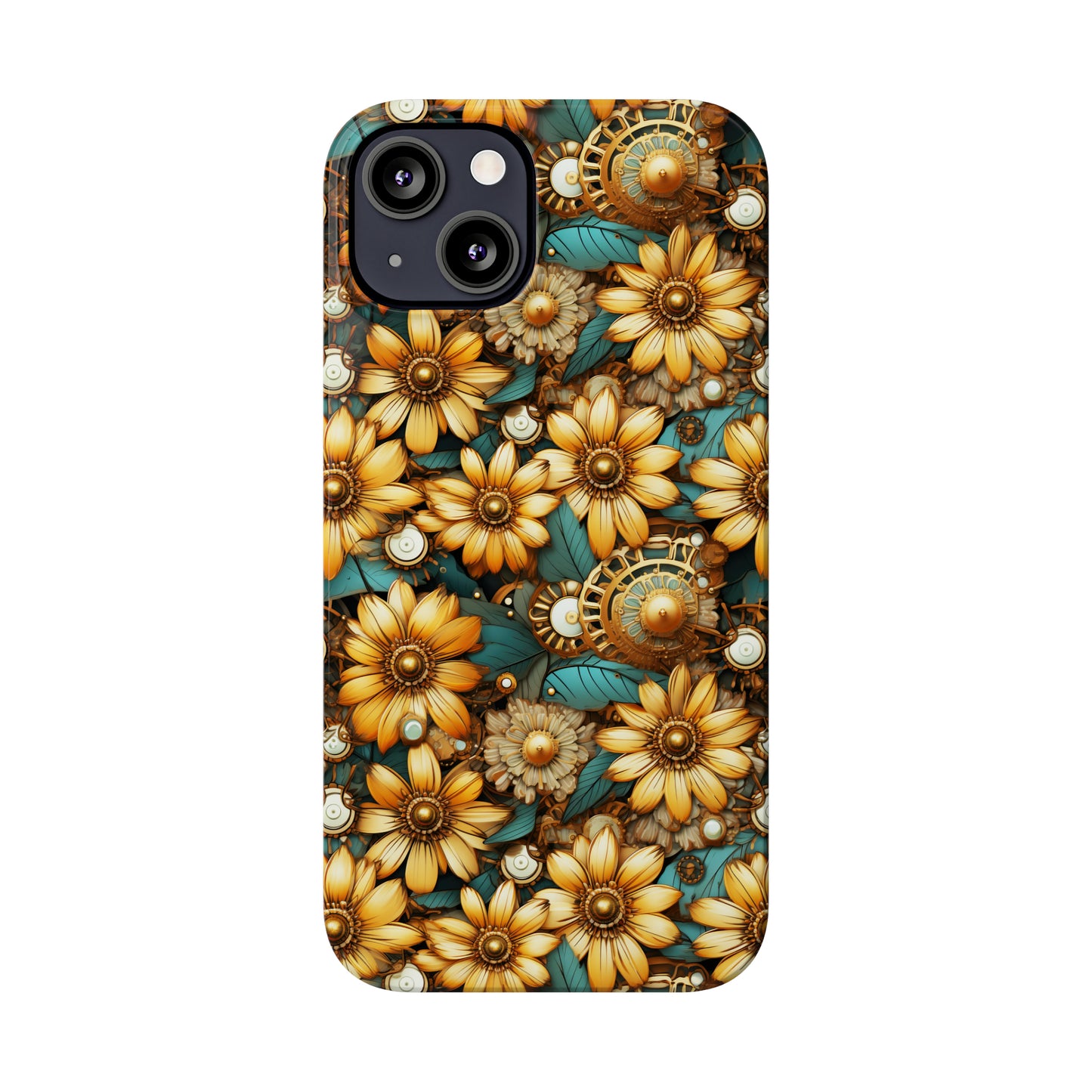 Victorian Steampunk Gold Flowers Teal Background with Gears and Mechanical Elements Iphone 15-12 Slim Phone Case