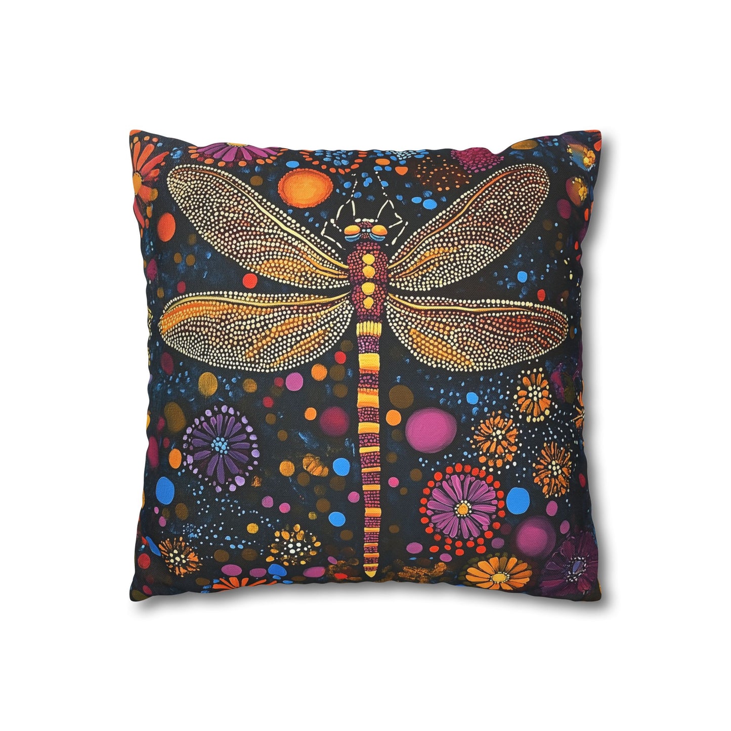 Vibrant Dragonfly Amidst a Kaleidoscope of Dot-Painted Blooms Spun Polyester Square Pillowcase 4 Sizes