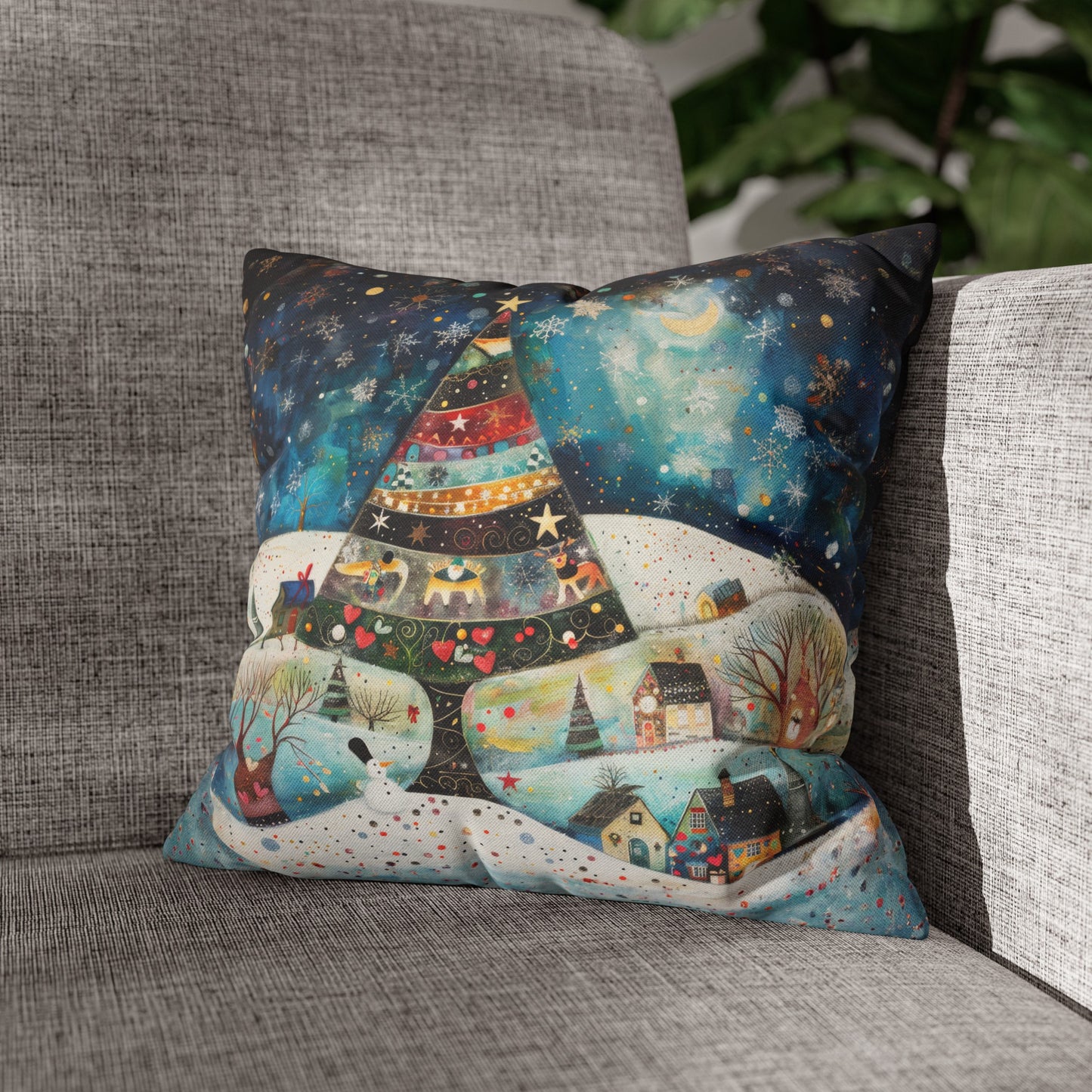 Twilight Treasures: Folk Art Christmas Tree Adorning a Town at Night Spun Polyester Square Pillowcase 4 Sizes