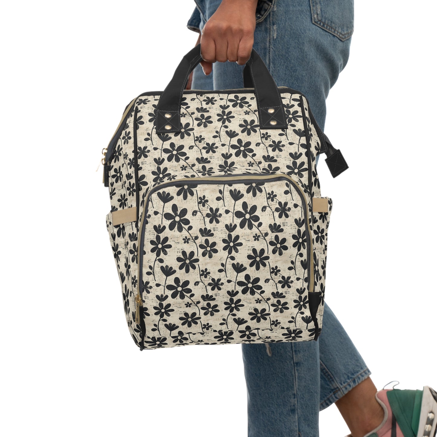 Distressed Black Floral on Beige Background Multifunctional Diaper Backpack