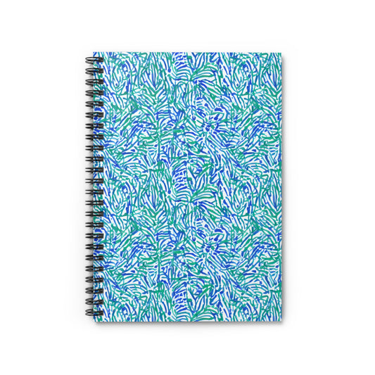 Tropical Fusion: Abstract Palm Leaves in Lime Green and Blue Hues Spiral Ruled Line Notebook