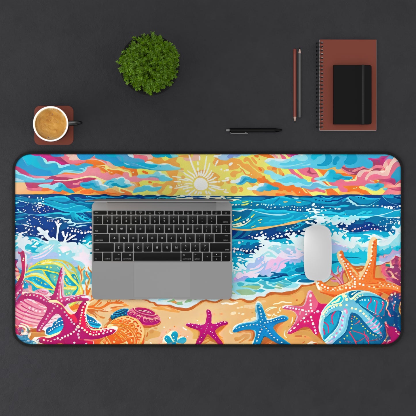 Vibrant Seaside Morning Layers of Energetic Waves, a Radiant Sun, and Colorful Seashells Extended Gaming Mouse Pad  Desk Mat  - 3 Sizes