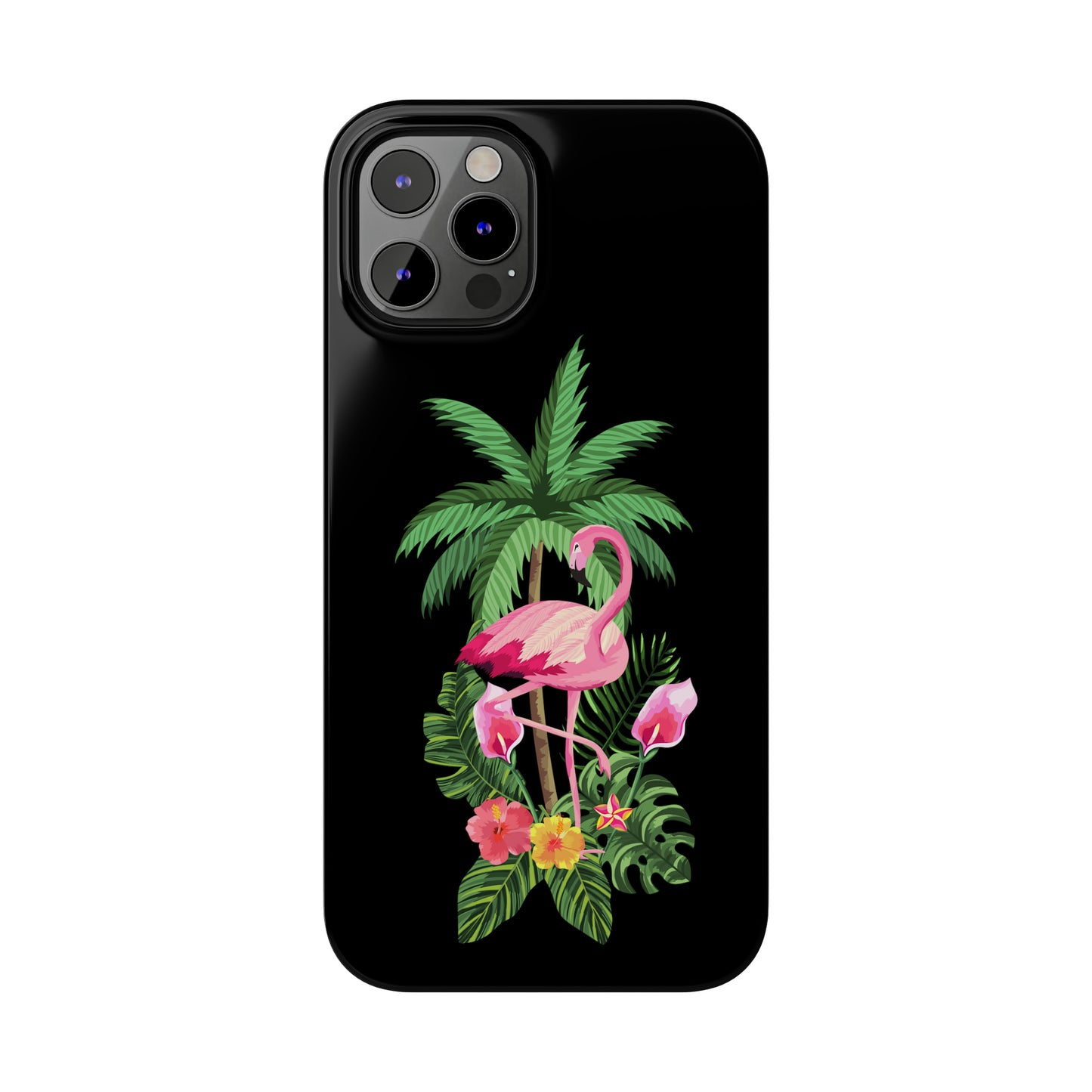 Tropical Pink Flamingo and Flowers Black Background Iphone 15-12 Slim Phone Case