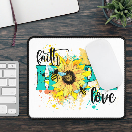 Faith Hope Love Daisy Flower on Yellow Gaming Mouse Pad with Finished Edges