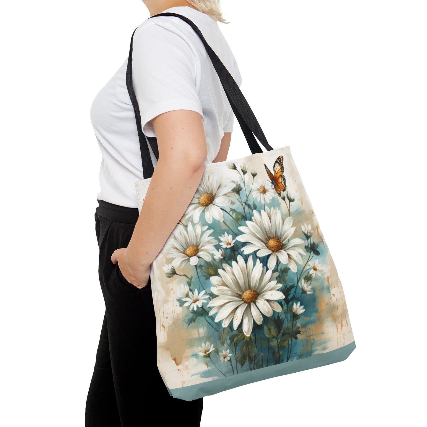 Rustic Farmhouse Teal and White Wild Daisies and Butterflies - Canvas Tote 3 Sizes