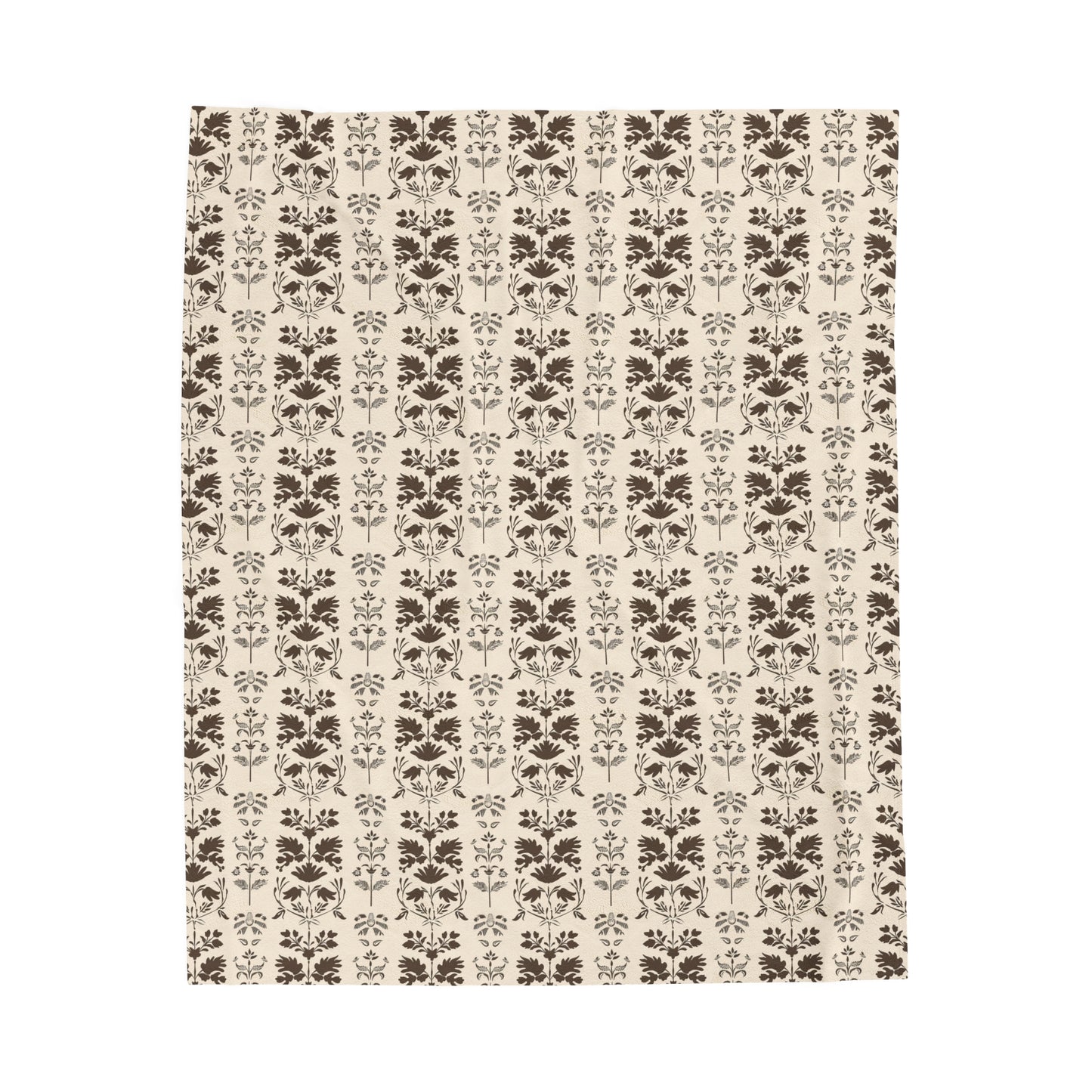 Early American Stencil-Inspired Beige and Brown Floral Pattern Velveteen Plush Blanket 3 Sizes