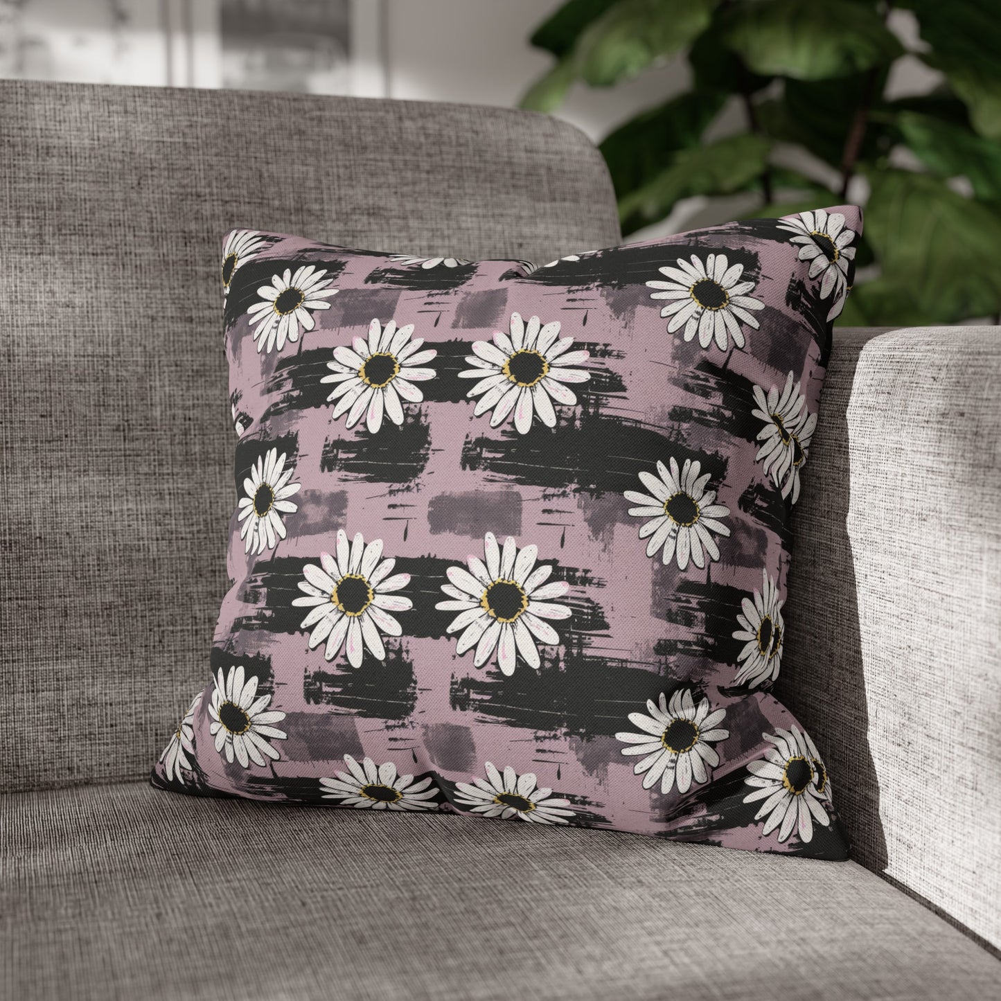 Edgy Daisy Dream with Pink and Black Grunge Spun Polyester Square Pillowcase 4 Sizes