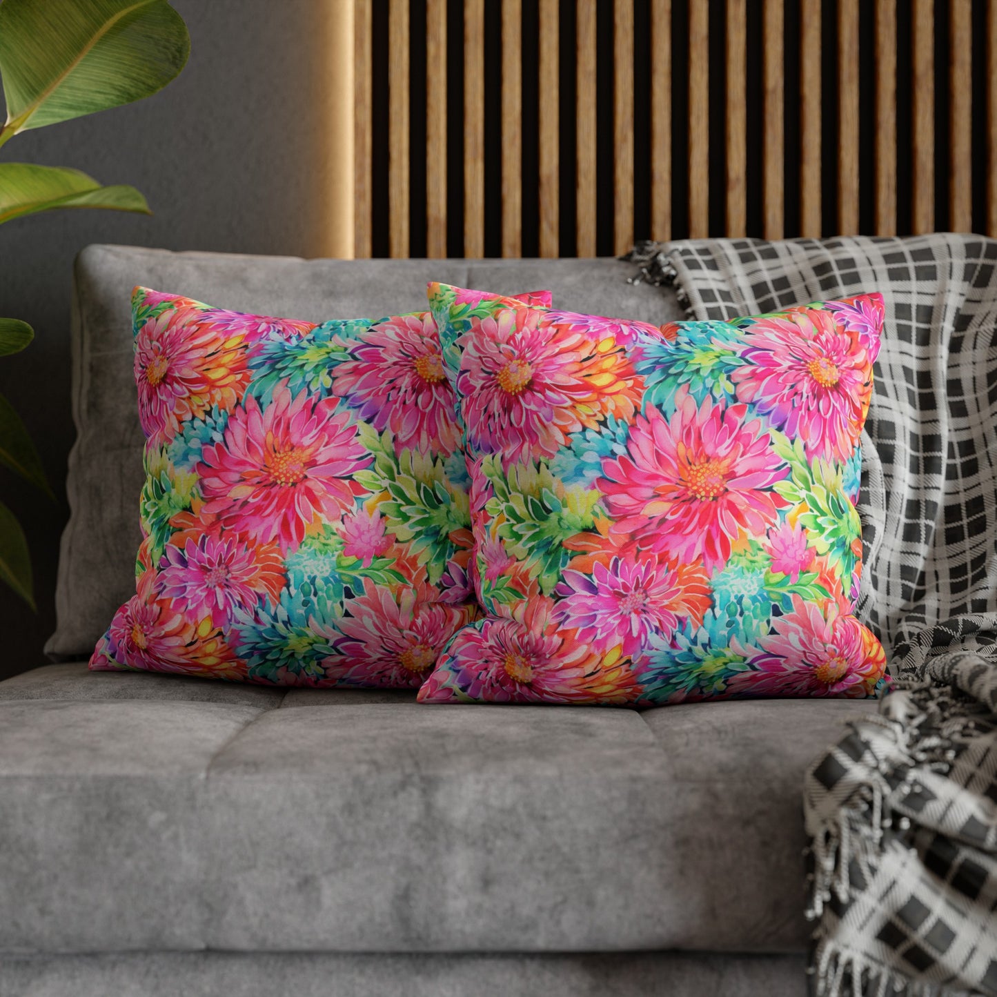 Blooming Spectrum: Large Vibrant Watercolor Flowers in Full Bloom Spun Polyester Square Pillowcase 4 Sizes