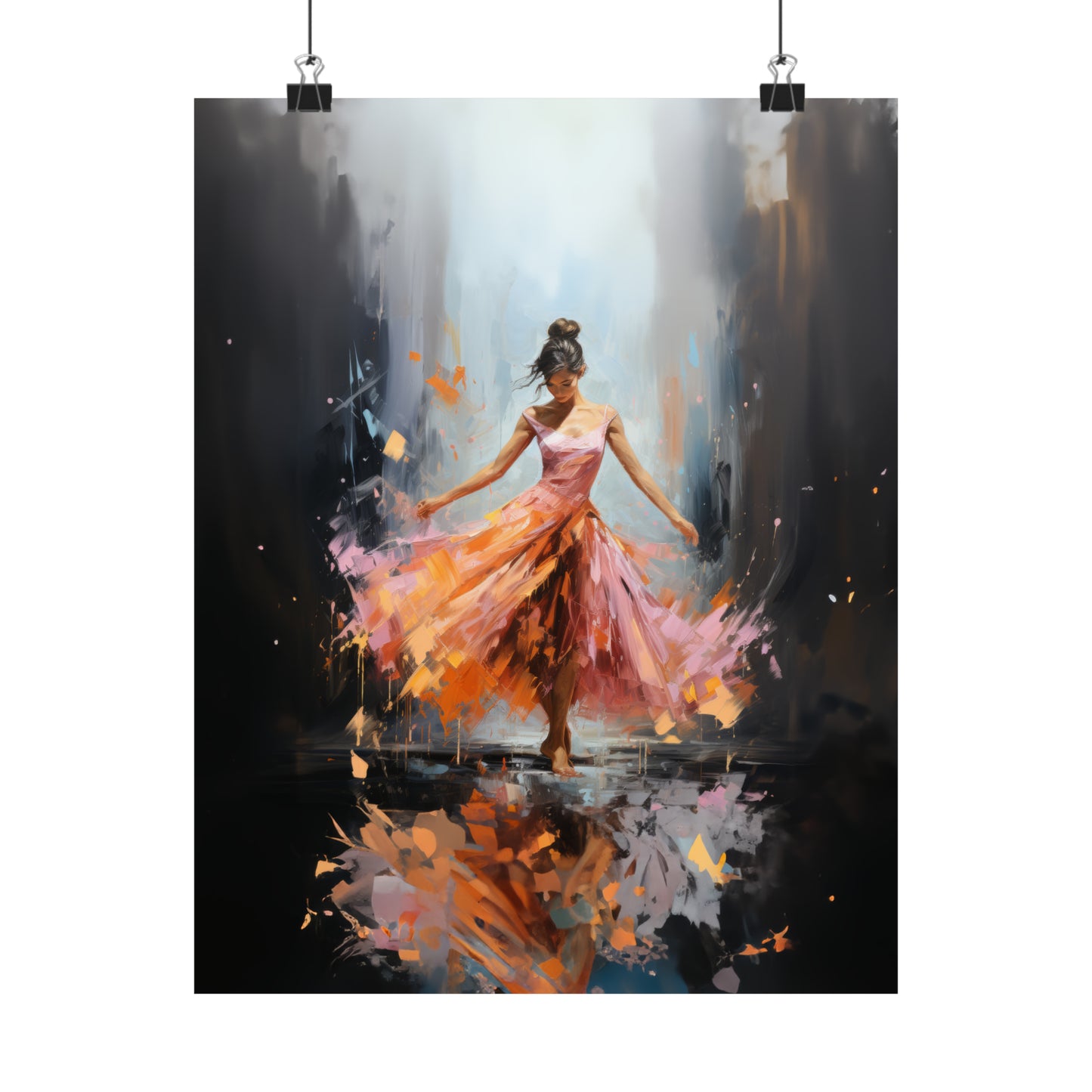 Swirling Splendor: Ballerina in Orange and Pink Dress Dancing Amidst the Reflecting Rain Print on Matte Poster - 11 Sizes