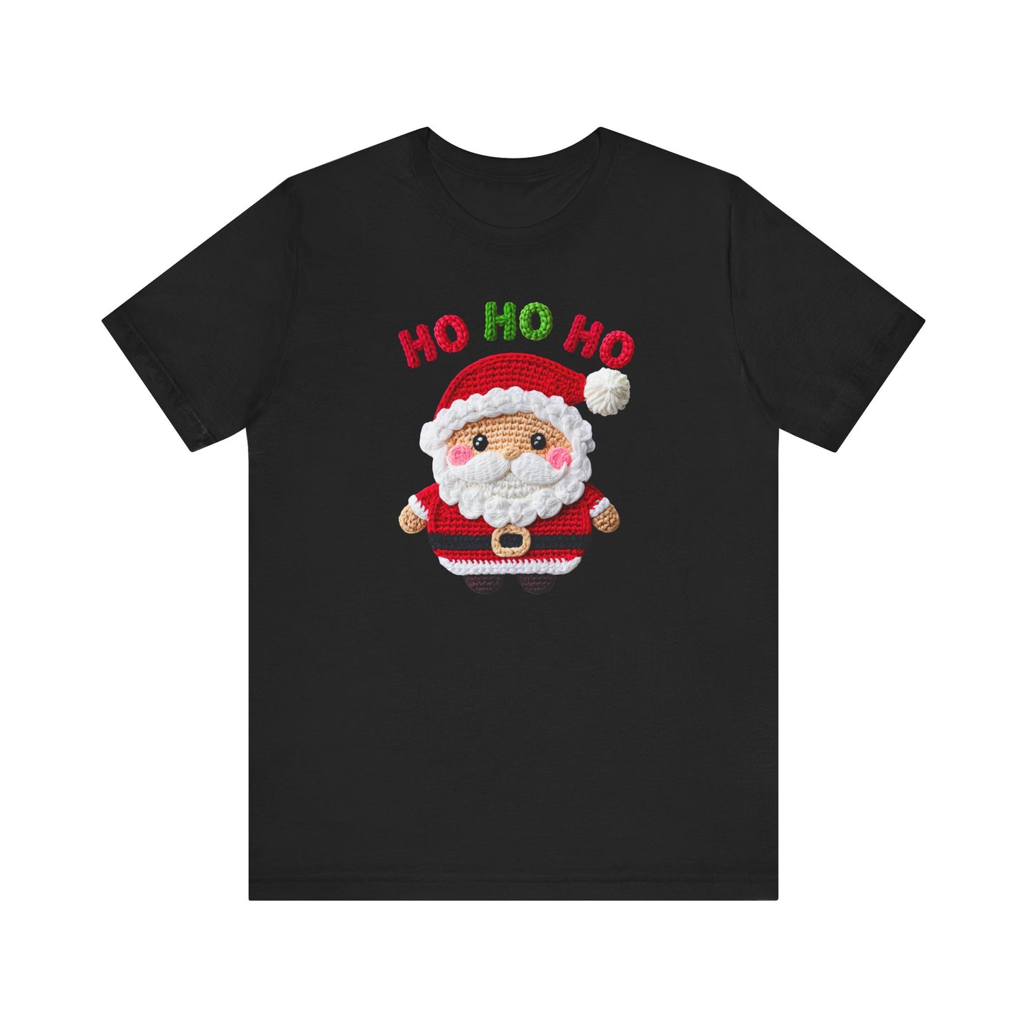 Faux Yarn Crochet Christmas Santa HO HO HO Print Jersey Short Sleeve T-shirt