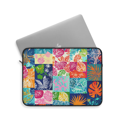 Vibrant Mosaic of Tropical Unique Shapes and Hues, Vivid Oranges to Deep Blue Leaves and Flowers Laptop or Ipad Protective Sleeve 3 Sizes Available