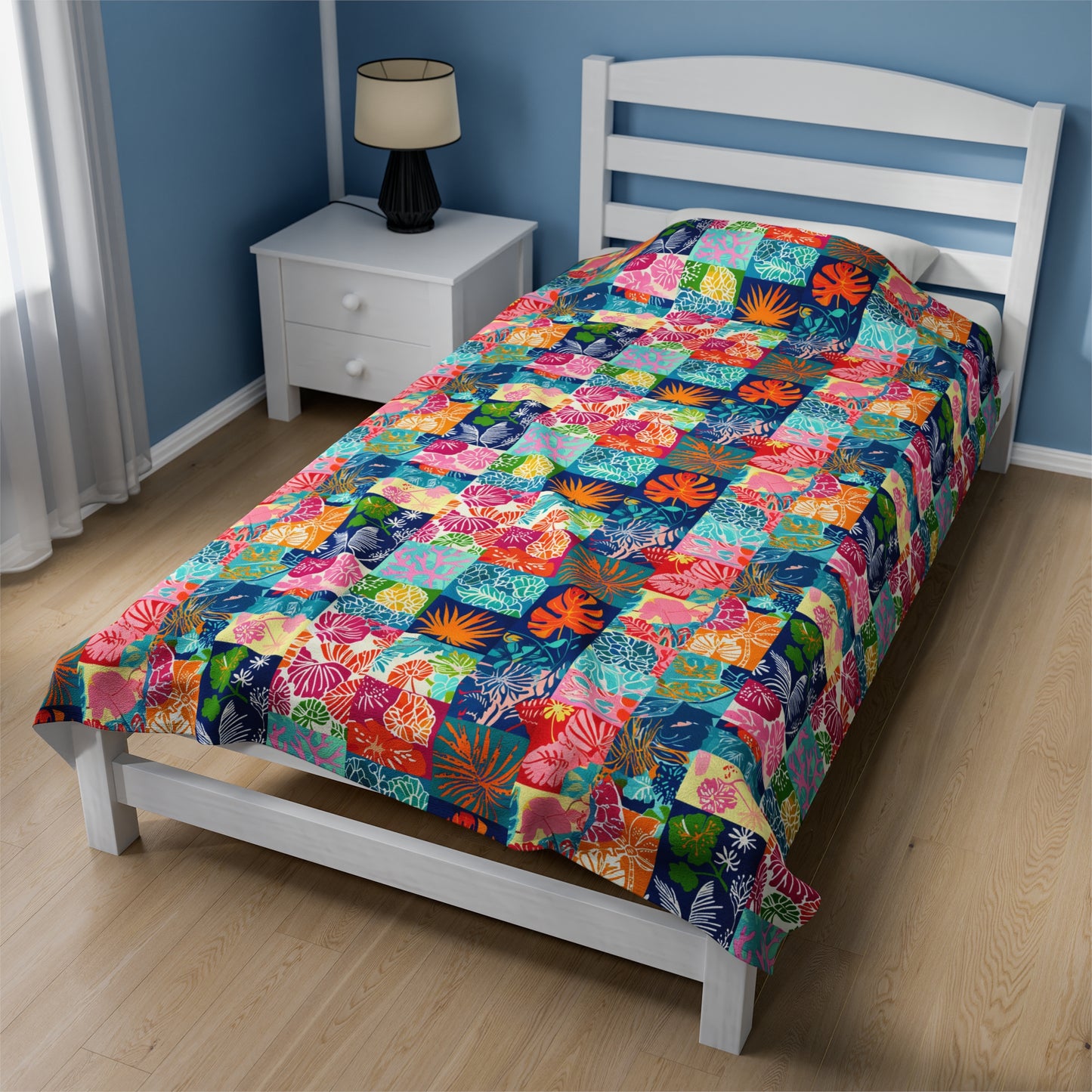 Vibrant Mosaic of Tropical Unique Shapes and Hues, from Vivid Oranges to Deep Blue Leaves and Flowers Velveteen Plush Blanket 3 Sizes