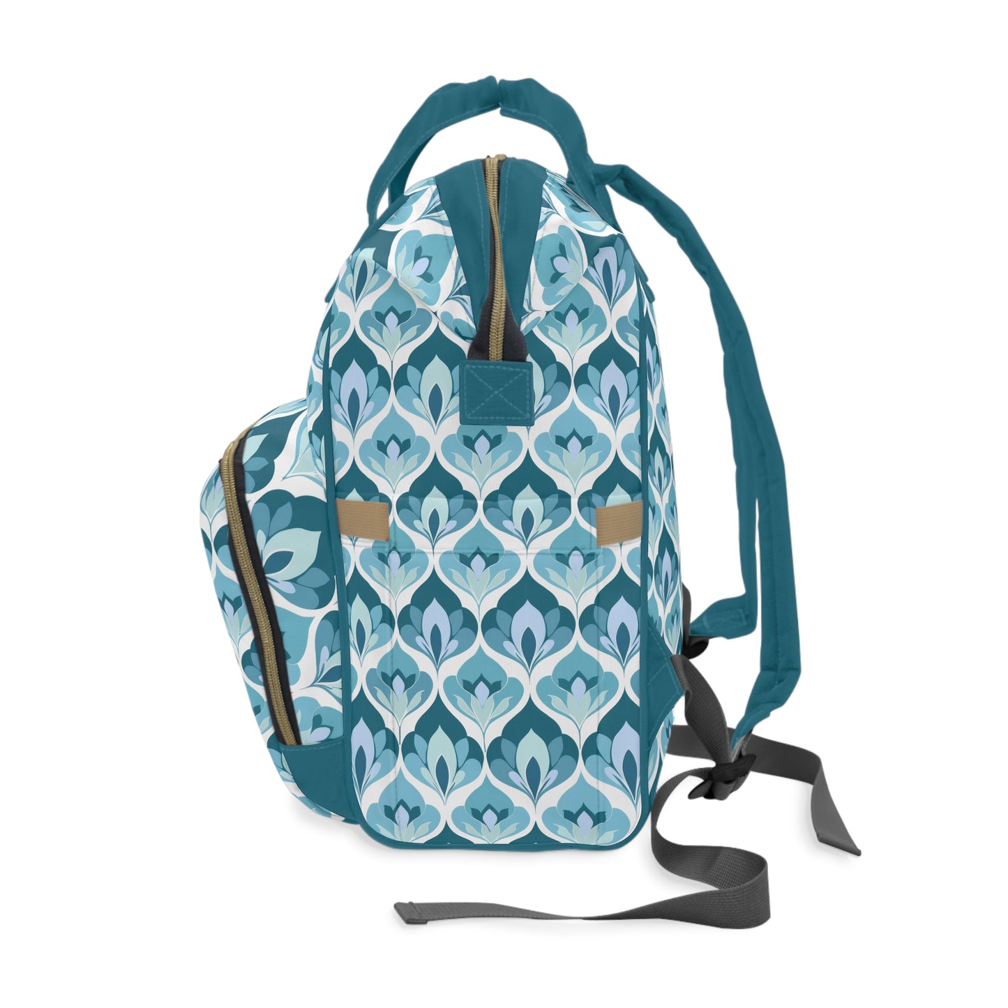 Serene Leaf Motifs Cascading in Cool Hues of Oceanic Blues Multifunctional Diaper Backpack