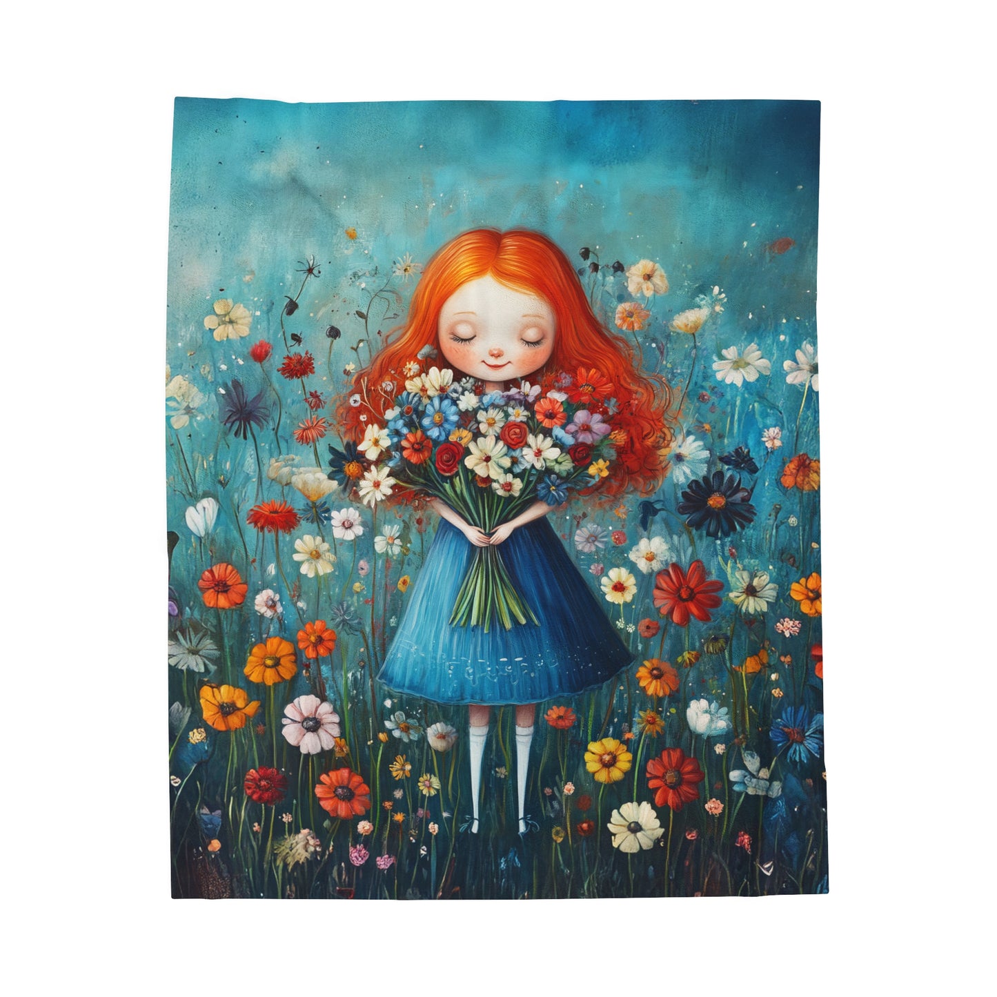 Radiant Redhead Girl with a Bouquet of Wildflowers Velveteen Plush Blanket 3 Sizes