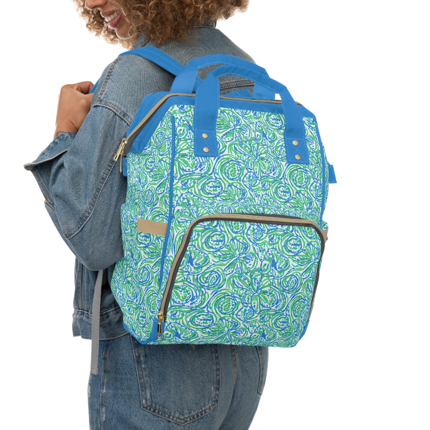 Emerald Tide: Swirling Green and Blue Flowers Multifunctional Diaper Backpack