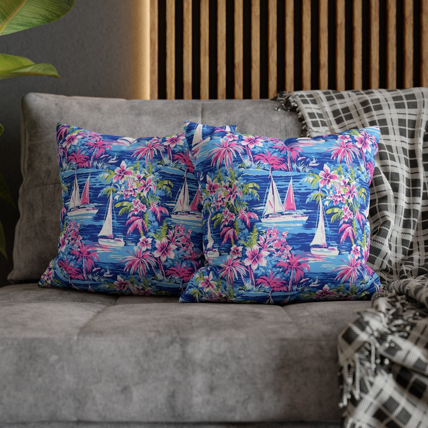 Sailing Tropics: Watercolor Sailboats Amidst Ocean Waves, Tropical Flowers, and Palm Trees Spun Polyester Square Pillowcase 4 Sizes