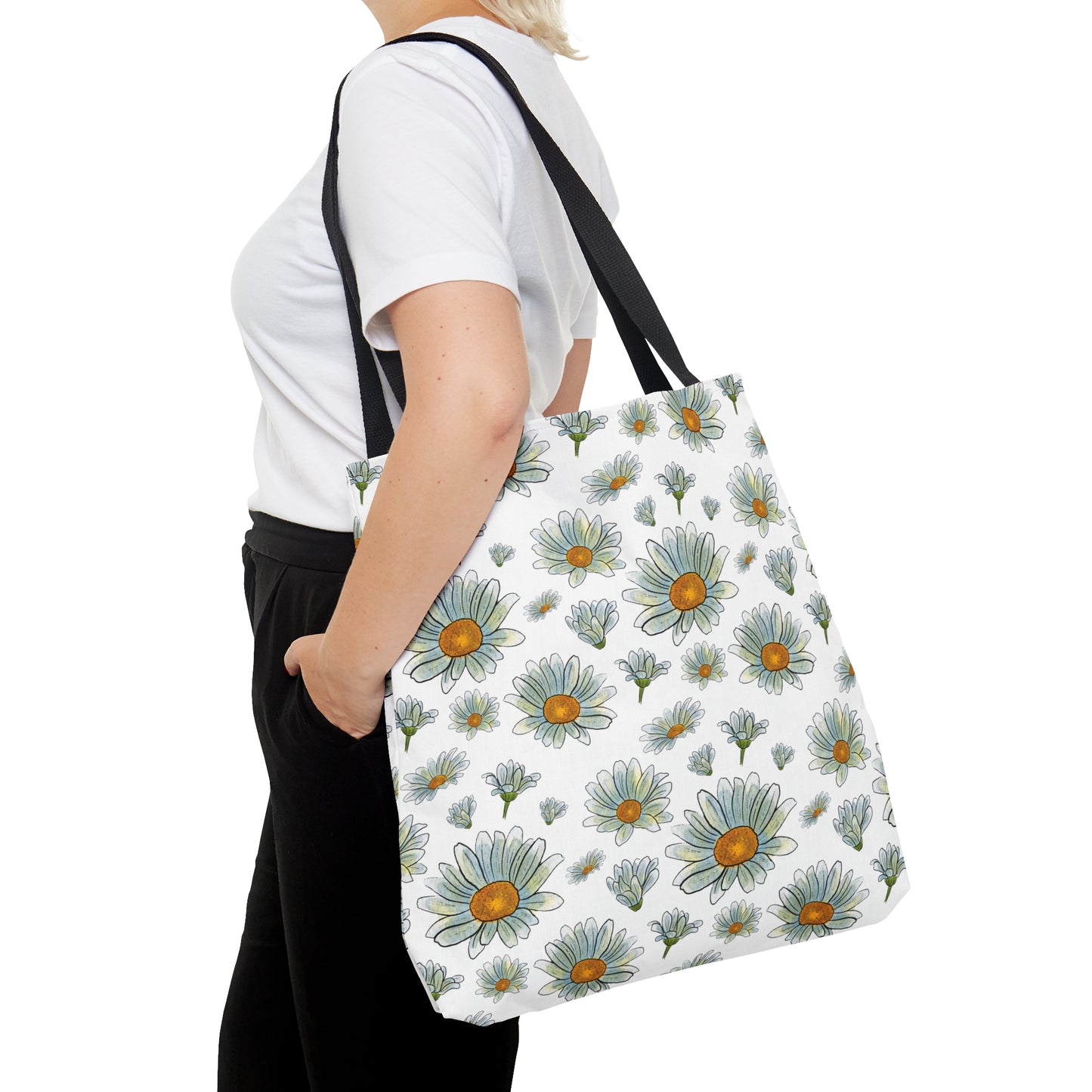 Large Watercolor Summer Daisies Blooming Against a White Background  - Canvas Tote 3 Sizes