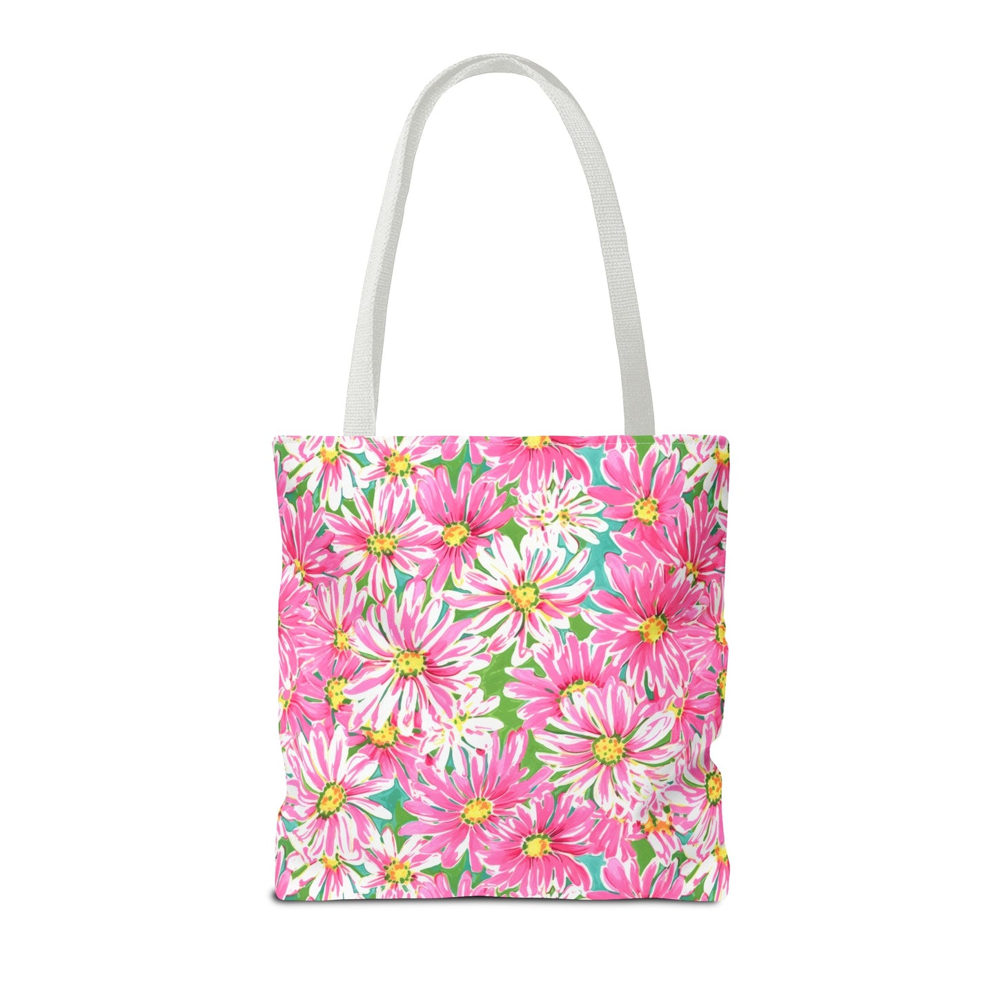 Springs Whisper: Watercolor Pink Daisies Dancing on a Lush Green Stage Canvas Tote Bag 3 Sizes