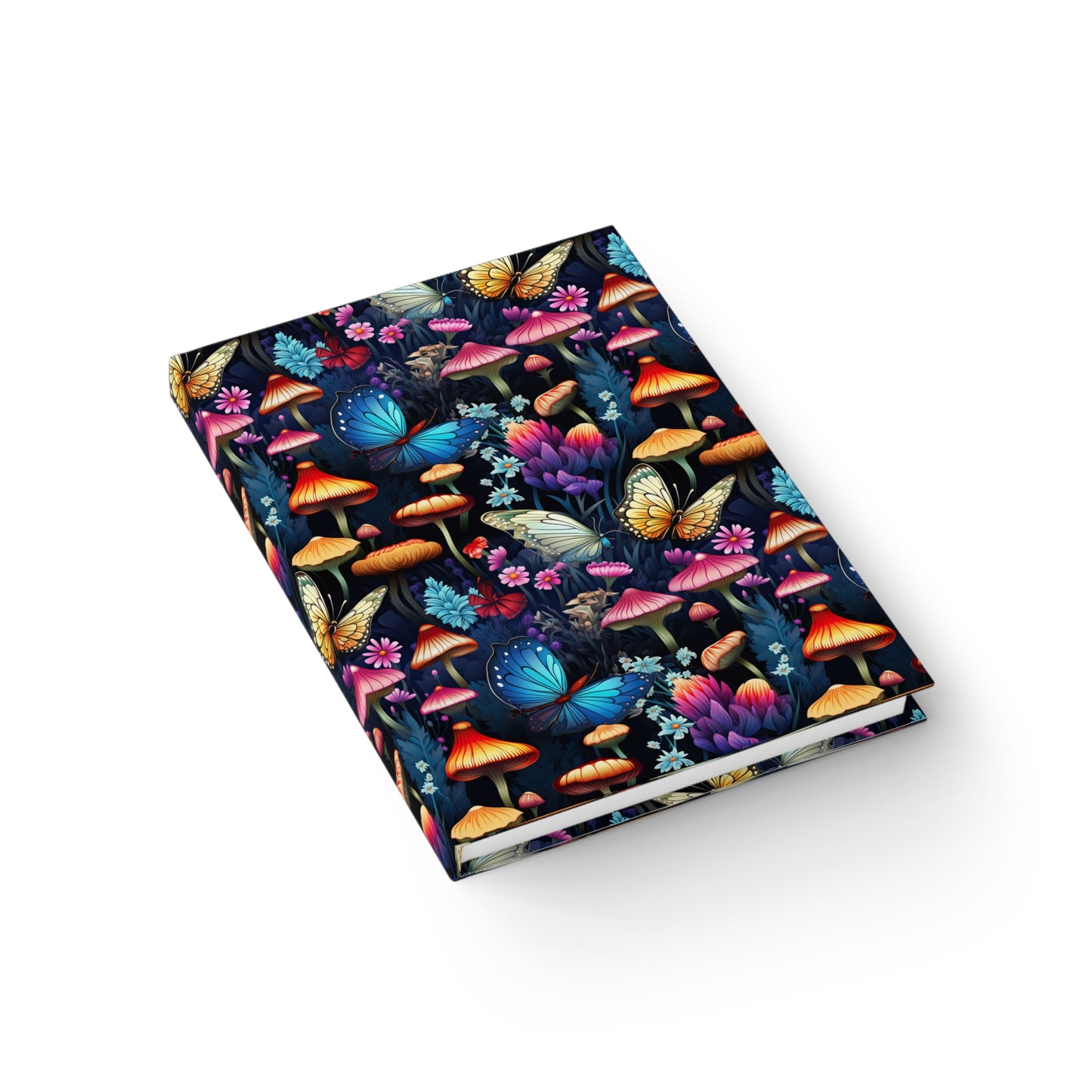 Neon Nocturne: Illuminated Butterfly and Mushroom Silhouettes Against the Night Sky - Hardcover Ruled Line Journal 5" x 7"