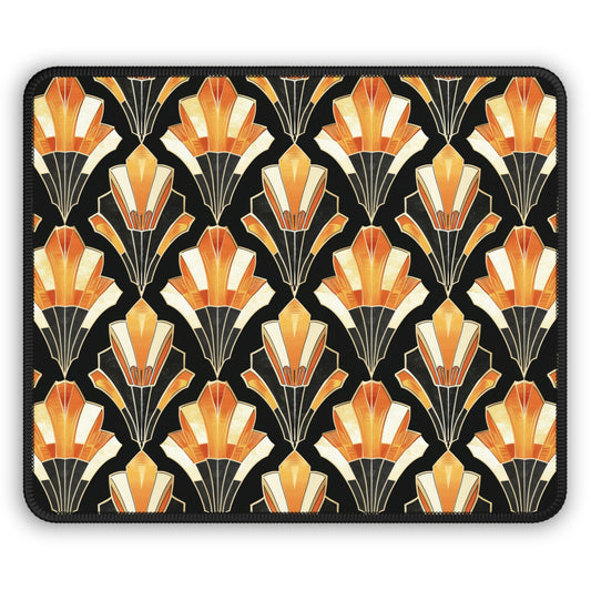 Art Deco Inspired Streamlined Geometric Florals in Orange and Black Gaming Mouse Pad with Finished Edges