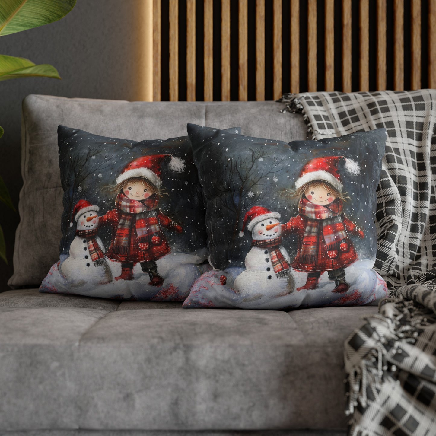 Little Girl and Snowman Sharing Winter's Wonder Spun Polyester Square Pillowcase 4 Sizes