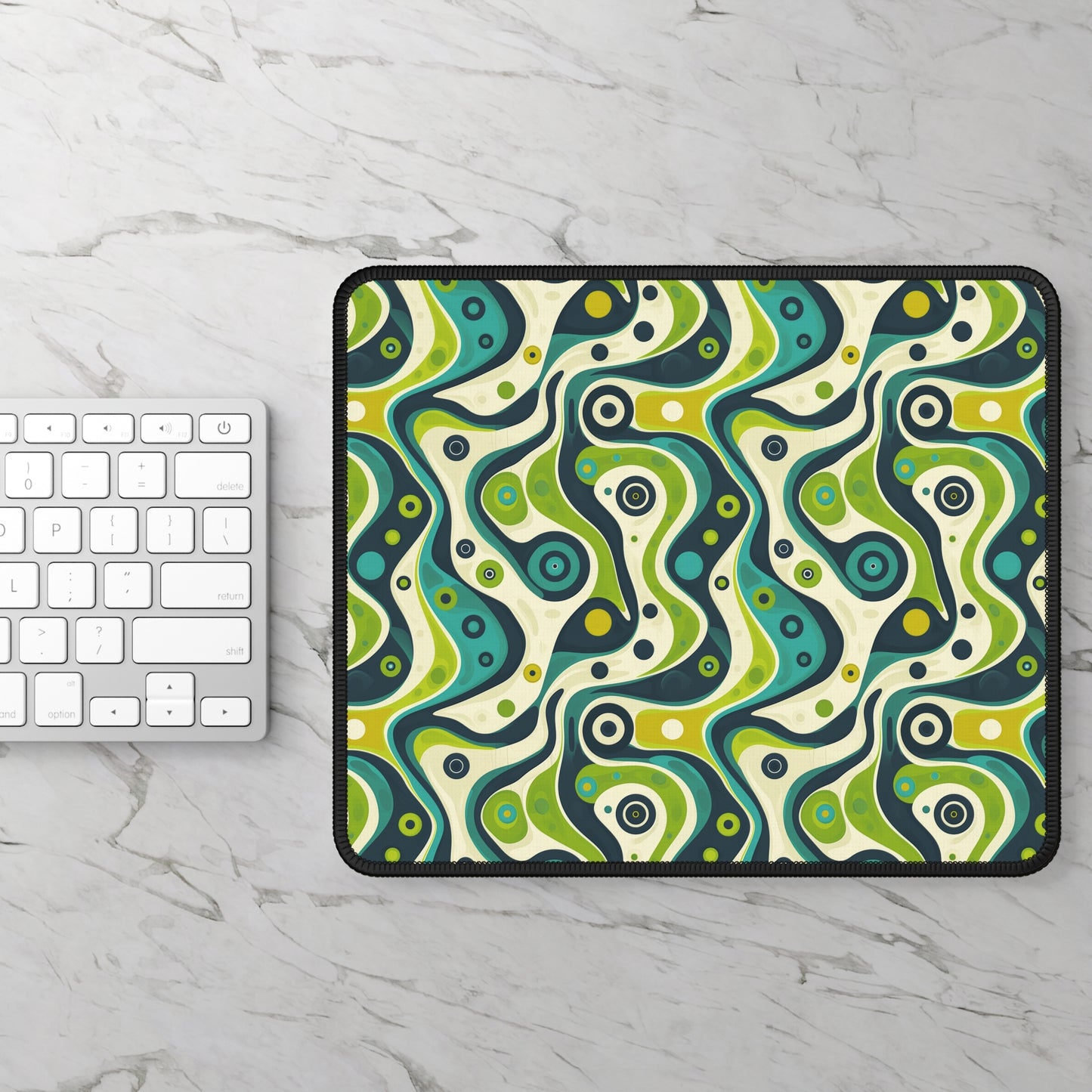 Groovy Retro Greens and Blues Abstract Waves Gaming Mouse Pad with Finished Edges