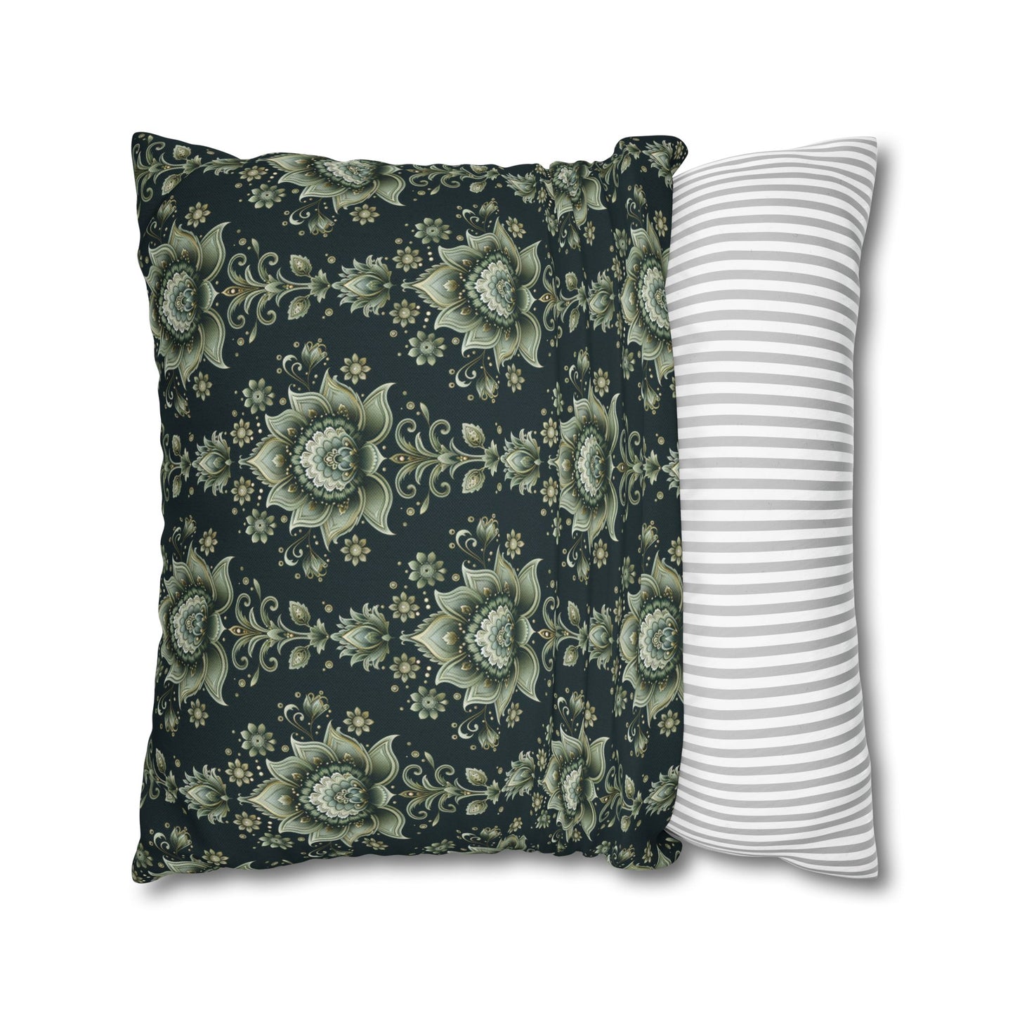 Ornate Green Mandala with Golden Accents on Dark Background Polyester Square Pillowcase 4 Sizes