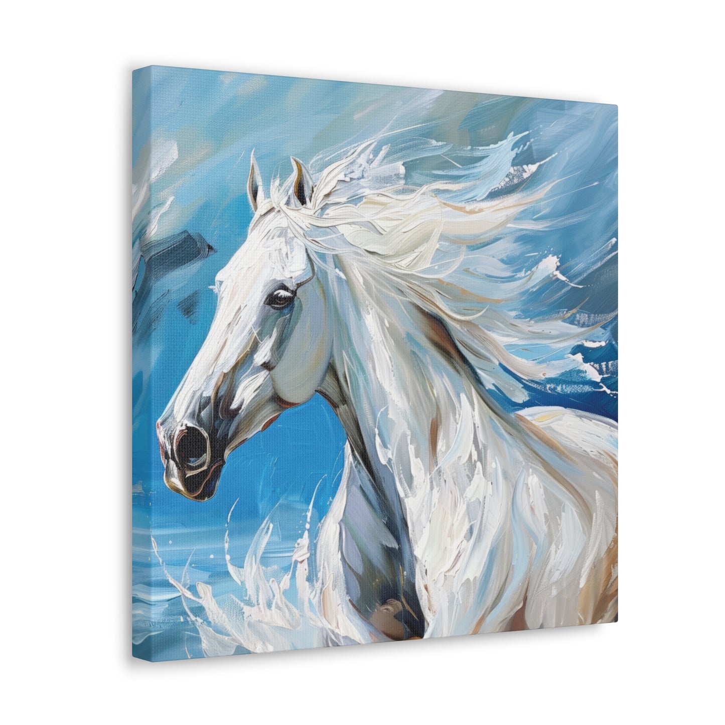 Majestic White Stallion Galloping Along the Ocean's Edge Print on Canvas Gallery - 4 Sizes