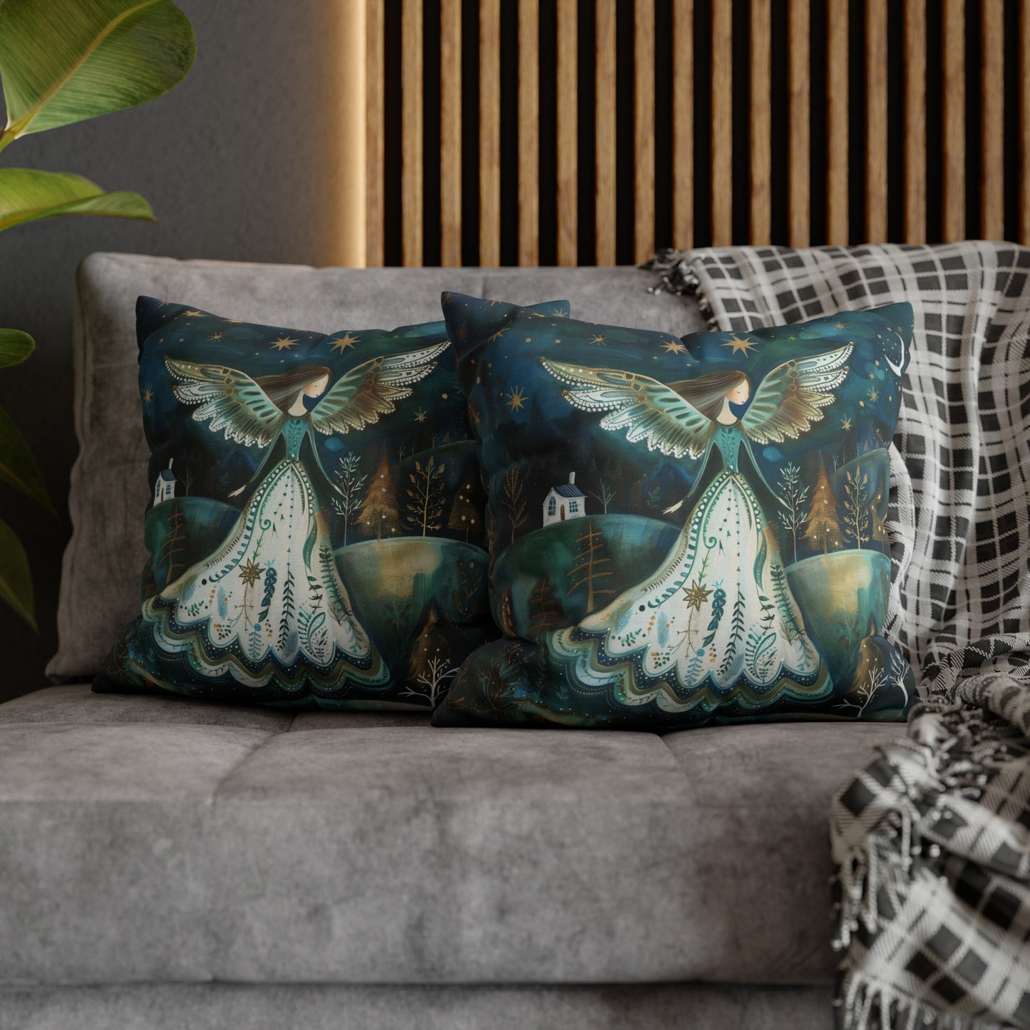 Starry Serenade: Angel in Flowing Dress Amidst a Starry Night Spun Polyester Square Pillowcase 4 Sizes