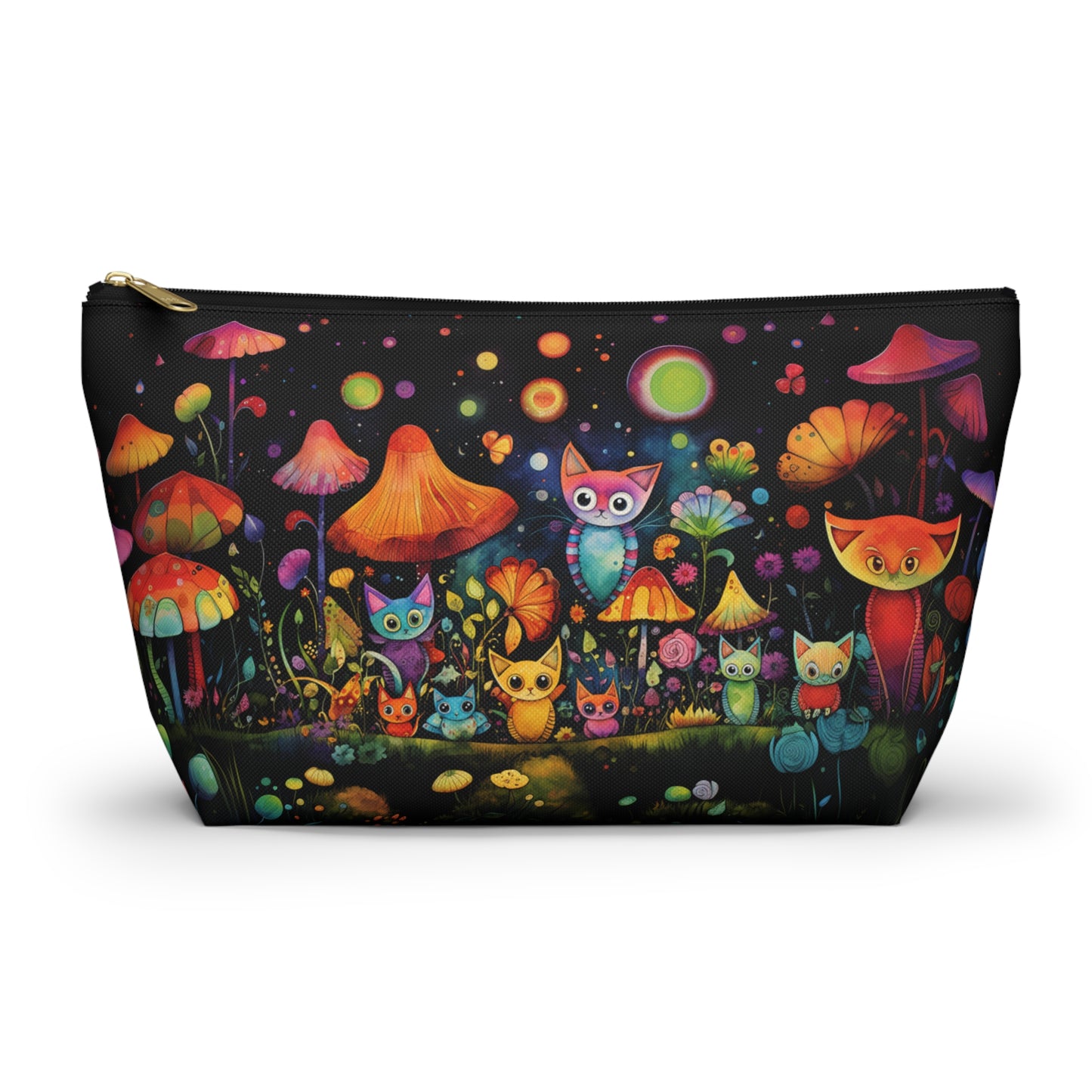 Mystical Cats Amidst a Garden of Flowers and Mushrooms, Beneath a Starry Sky - Makeup & Accessory Bag 2 Sizes