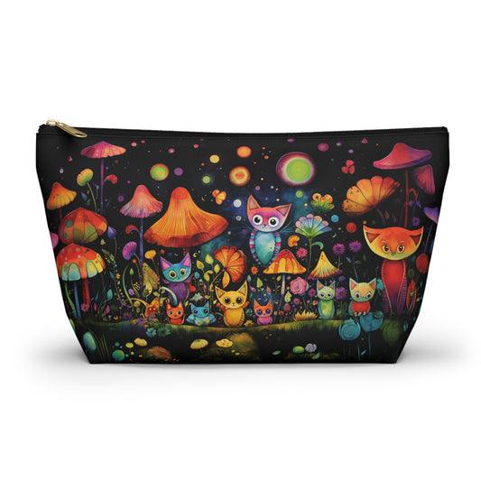 Mystical Cats Amidst a Garden of Flowers and Mushrooms, Beneath a Starry Sky - Makeup & Accessory Bag 2 Sizes