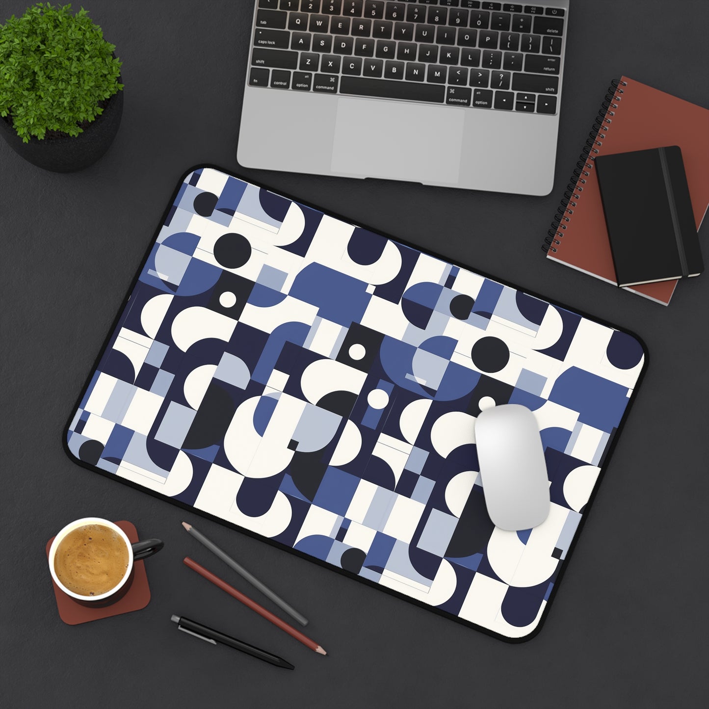 Navy Blue and White Mid-Century Modern Design Extended Gaming Mouse Pad  Desk Mat  - 3 Sizes