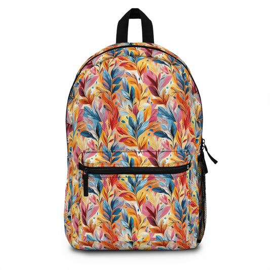 Vibrant Autumn Feathers in Hues of Orange, Yellow, Blue, and Pink on a Textured Background Lightweight Stylish Durable Backpack (Made in USA)