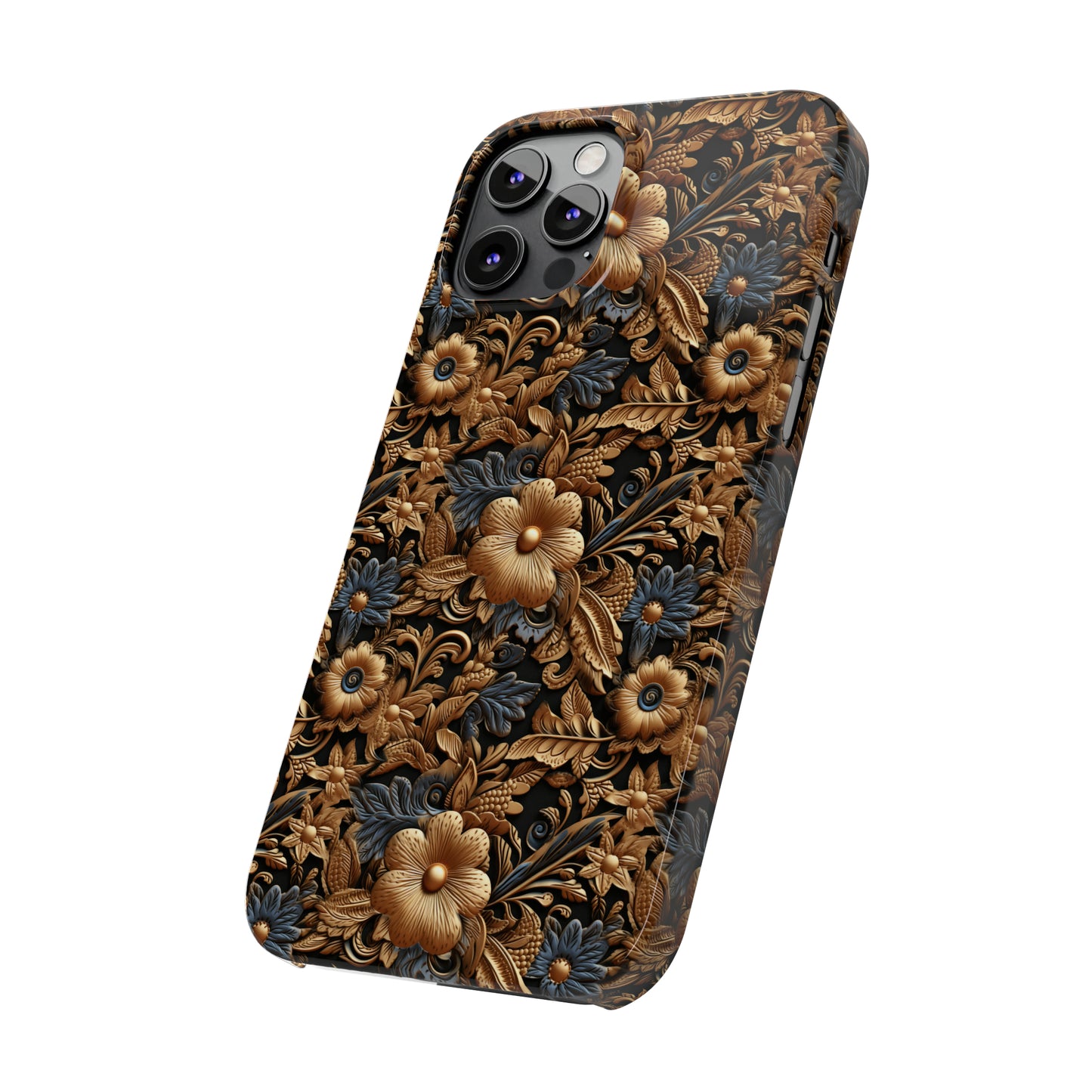 Tooled Leather Gold Flowers with Blue Leaves Accent Print Design Iphone 15-12 Slim Phone Case