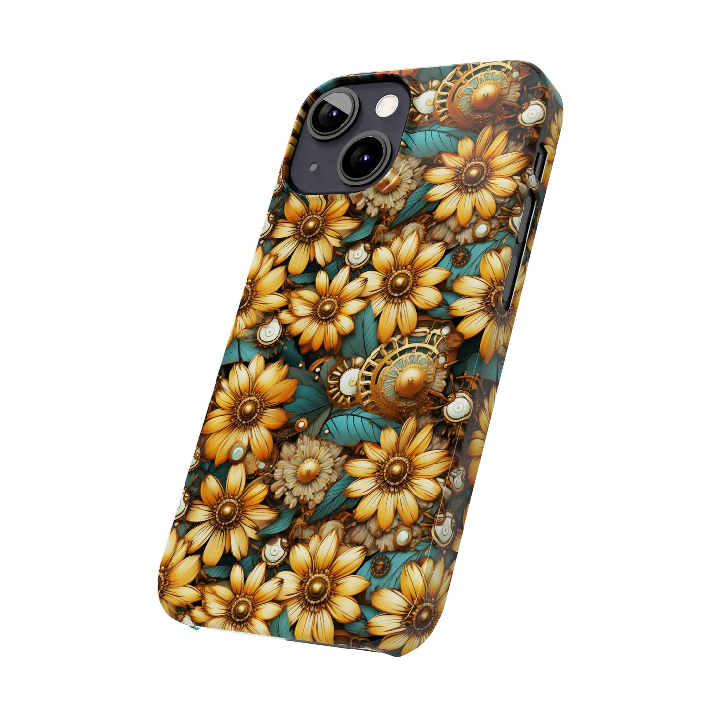 Victorian Steampunk Gold Flowers Teal Background with Gears and Mechanical Elements Iphone 15-12 Slim Phone Case