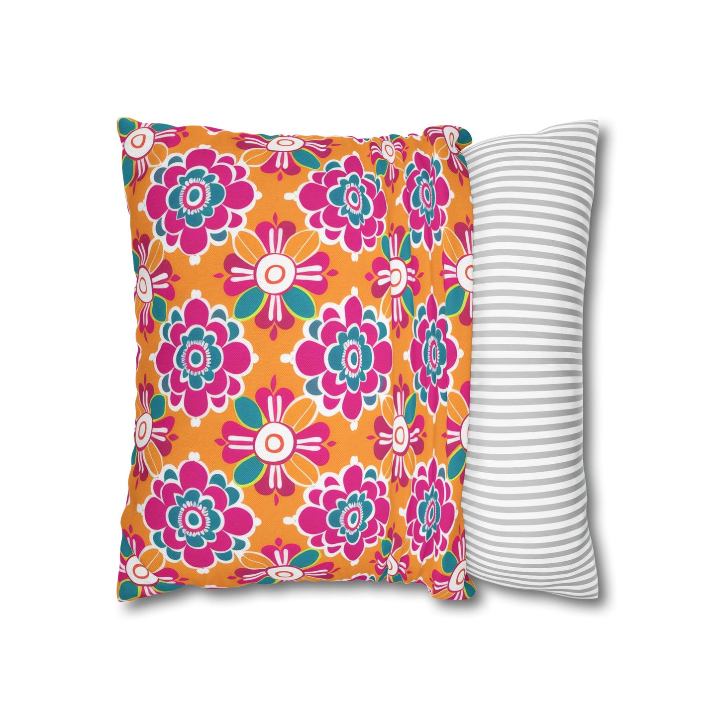 Array of Stylized Floral Motifs in Vivid Pink, Teal, and White Set Against a Warm Orange Backdrop Spun Polyester Square Pillowcase 4 Sizes