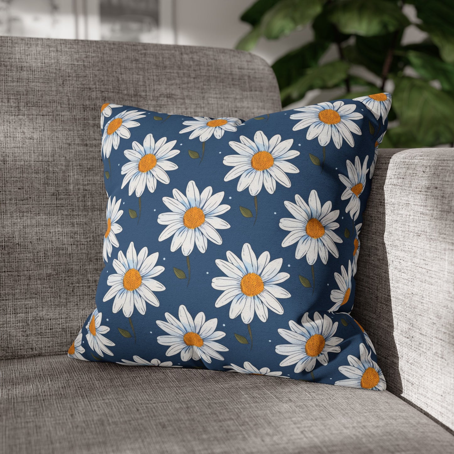 Elegant White Daisies on Navy Blue Background Spun Polyester Square Pillowcase 4 Sizes