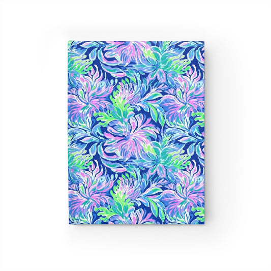 Seaside Serenade: Coastal Pink, Navy, and Green Tropical Blooms Dancing Hardcover Ruled Line Journal