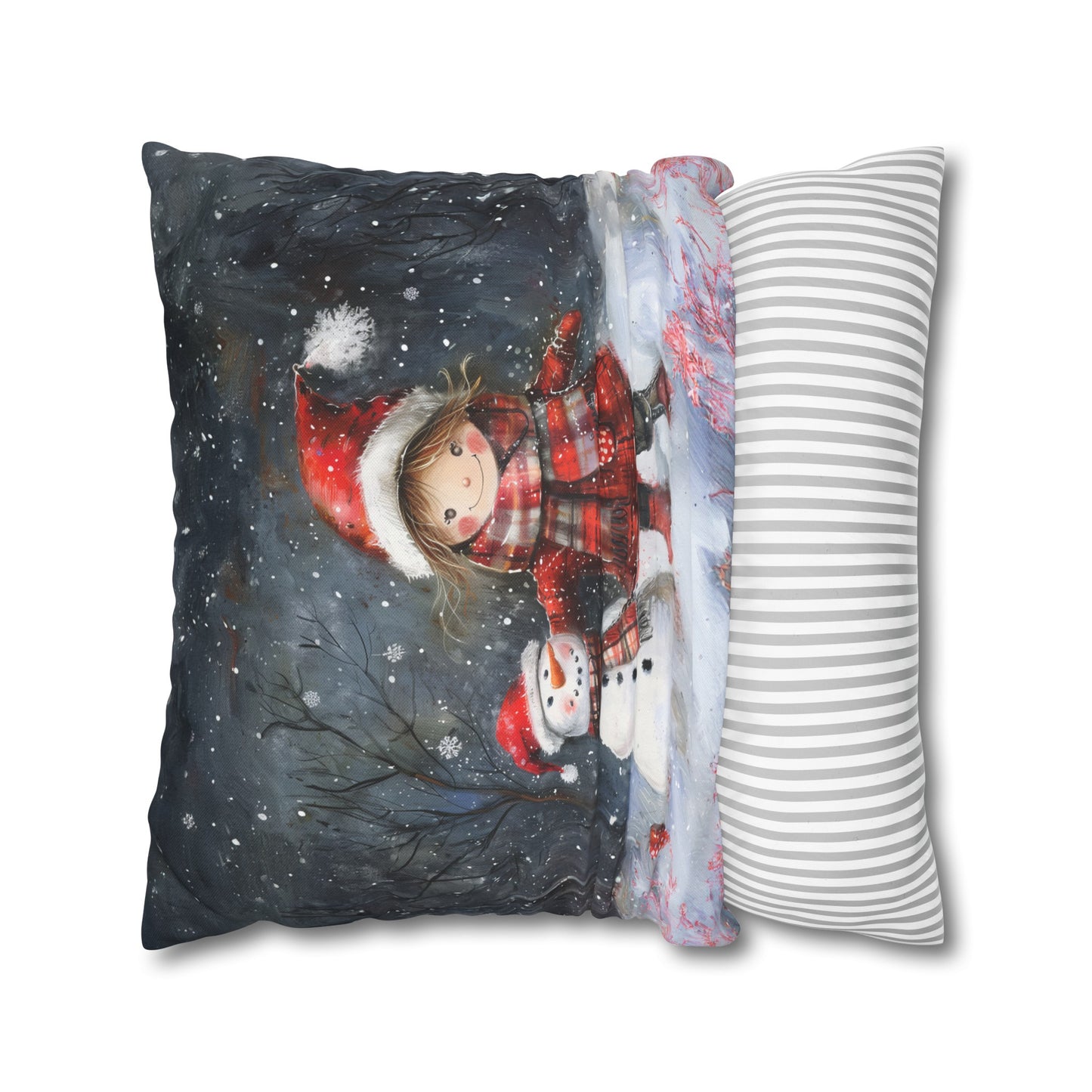 Little Girl and Snowman Sharing Winter's Wonder Spun Polyester Square Pillowcase 4 Sizes