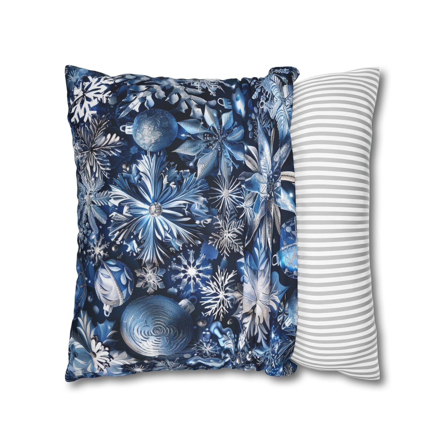 Winter Wonderland Festive Blue and Silver Snowflakes and Ornaments Spun Polyester Square Pillowcase 4 Sizes