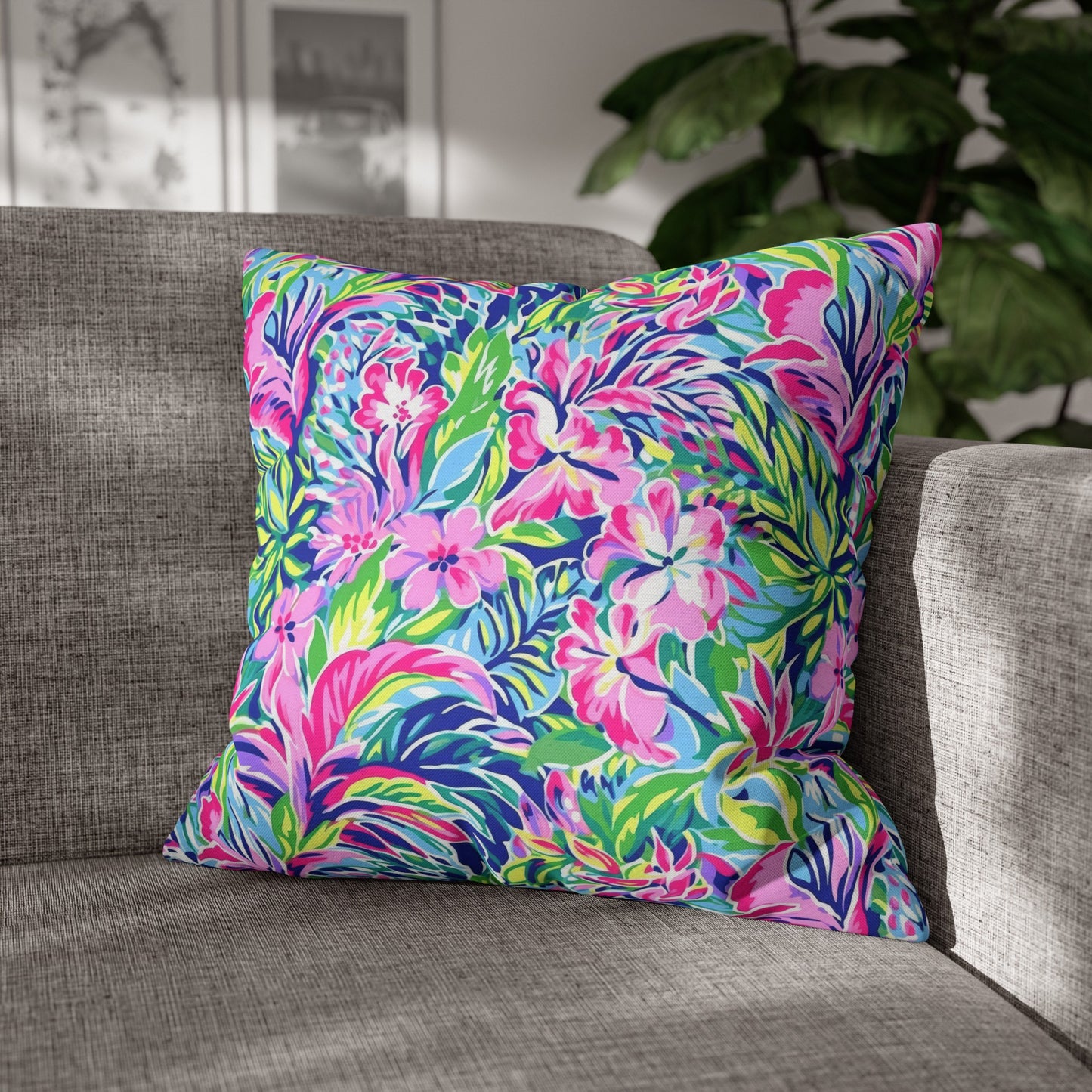 Tropical Serenity: Pink, Green, and Blue Watercolor Floral Delight Spun Polyester Square Pillowcase 4 Sizes