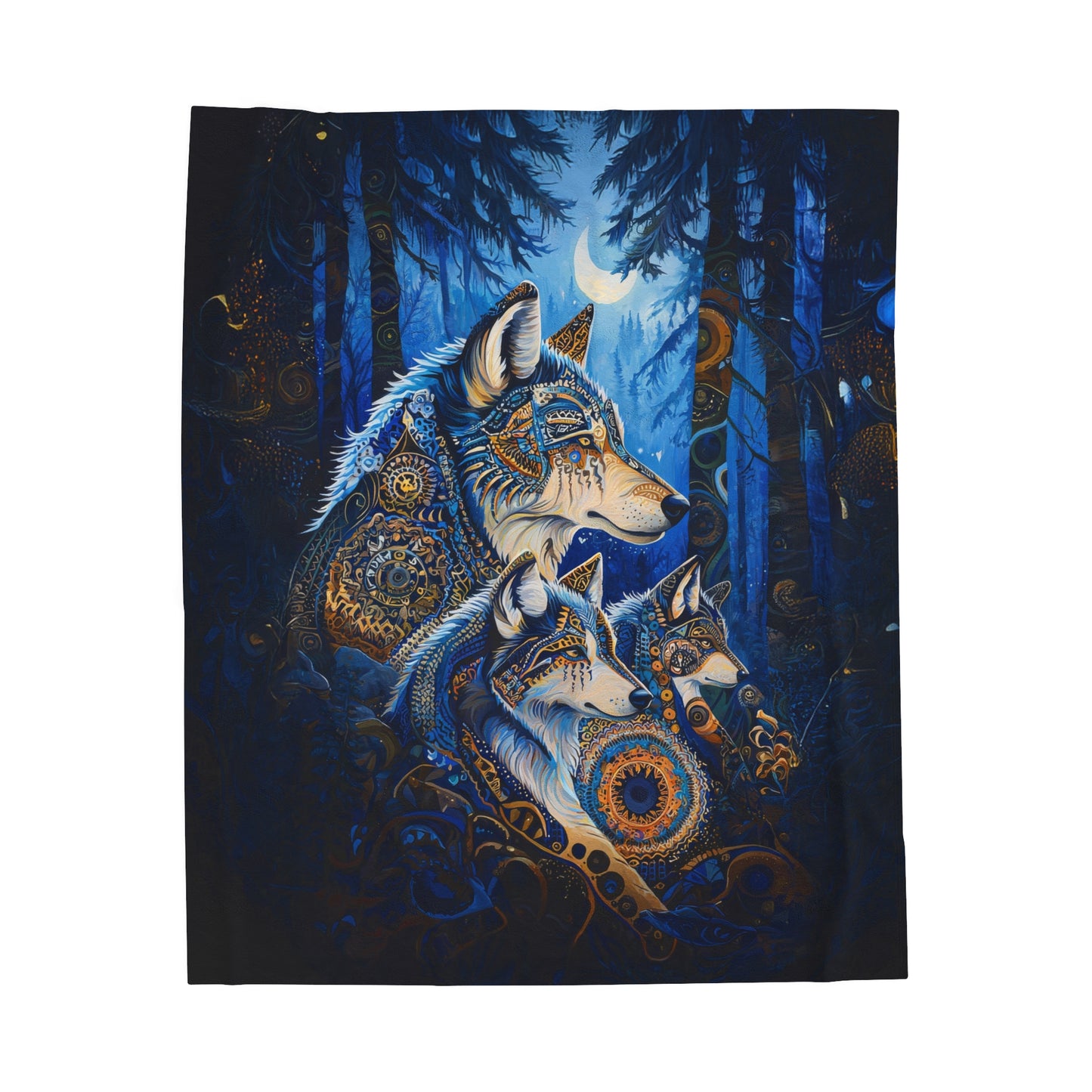 Mystic Guardians of Tribal Wolves of the Moonlit Forest Velveteen Plush Blanket 3 Sizes