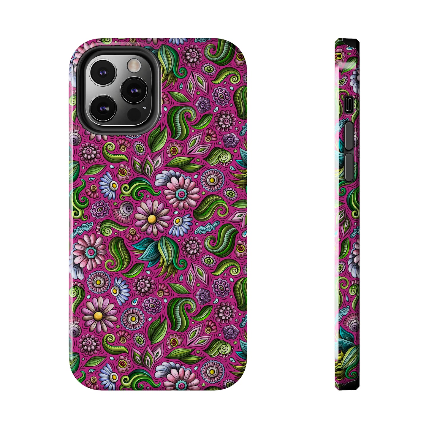 Purple & Pink Daisy Floral Print Hot Pink Background Iphone Tough Phone Case