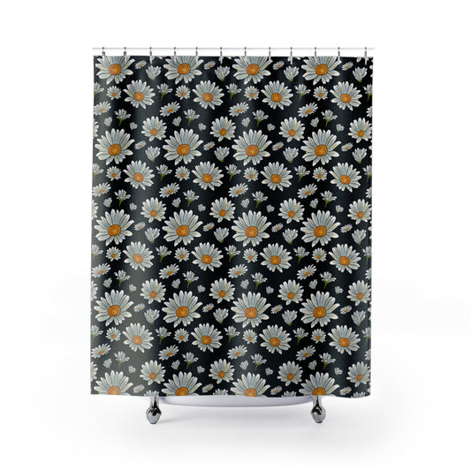 Large Watercolor Summer Daisies Blooming Against a Bold Black Background Bathroom Shower Curtain   71" × 74"