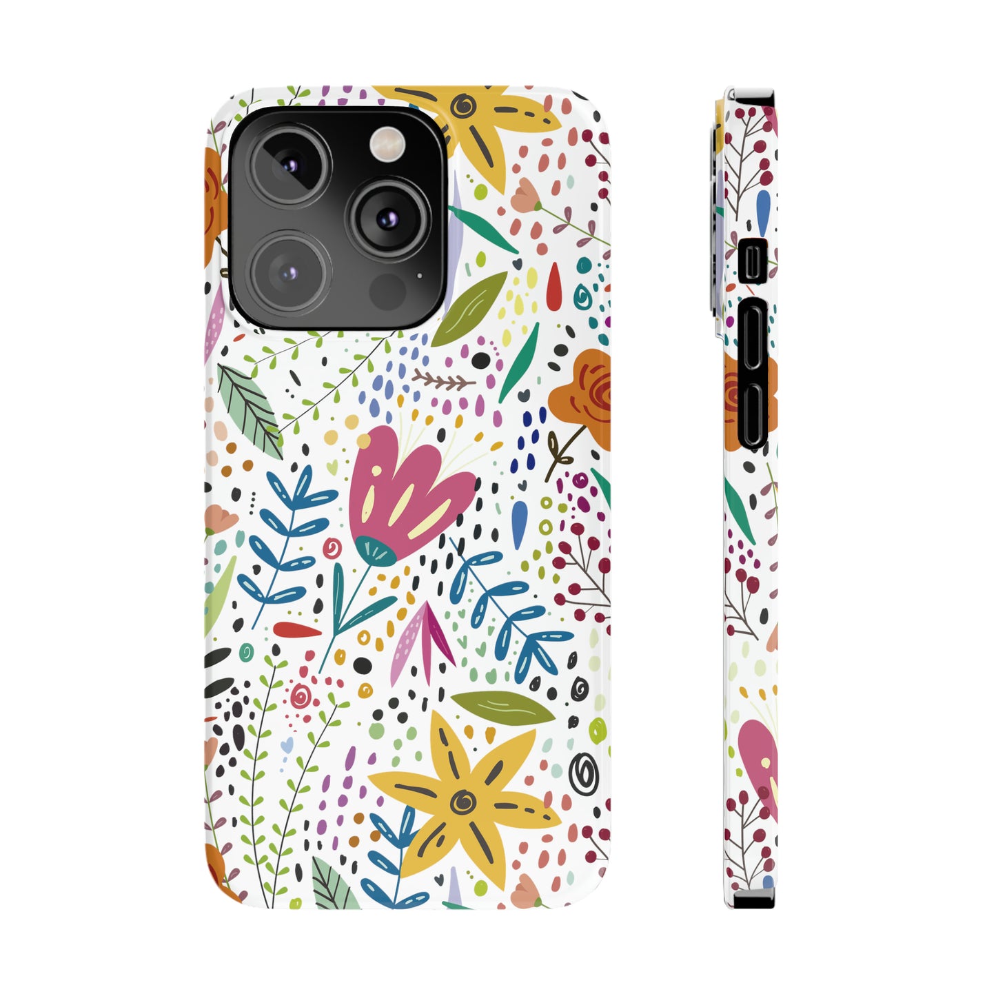 Springtime Splendor: Hand-Drawn Flowers Bursting with Vibrant Colors Design Iphone 15-12 Slim Phone Case