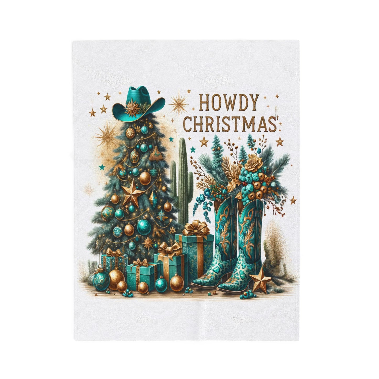 Country Western Howdy Christmas Green and Gold Sparkle Velveteen Plush Blanket 3 Sizes